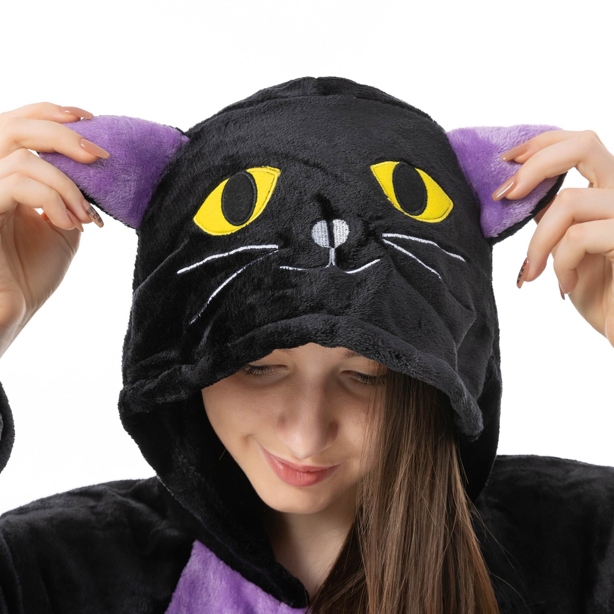 Katara Partyanzug Bauernhoftiere Jumpsuit Kostüm für Erwachsene S-XL, Karneval - Kostüm, Kigurumi - Katze schwarz-lila M (155-165cm)