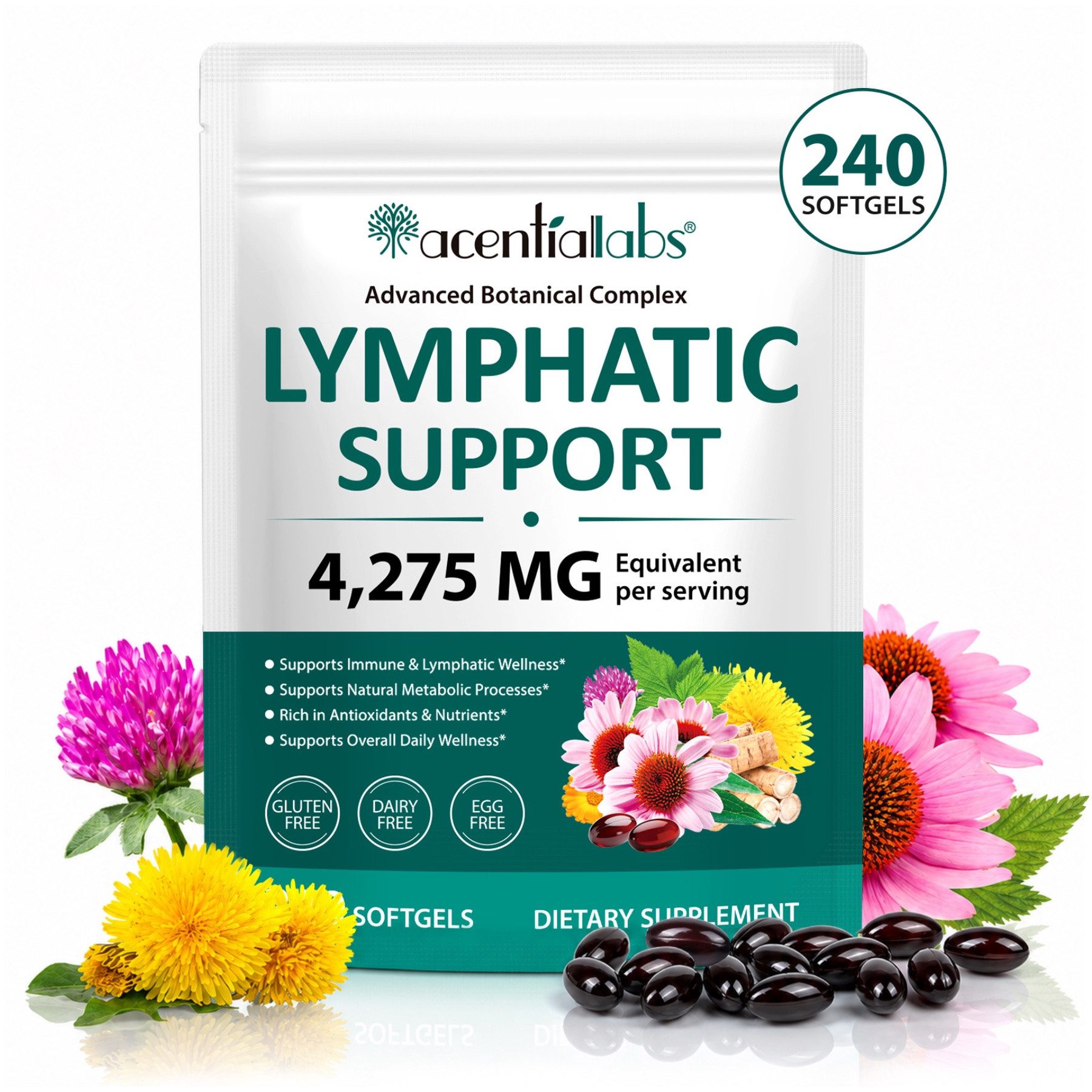 Acentiallabs Lymphdrainage Kapseln Lymphsystem Immunsystem Stoffwechsel Lymphatic Softgels, Allgemeines Wohlbefinden, Energiestoffwechsel
