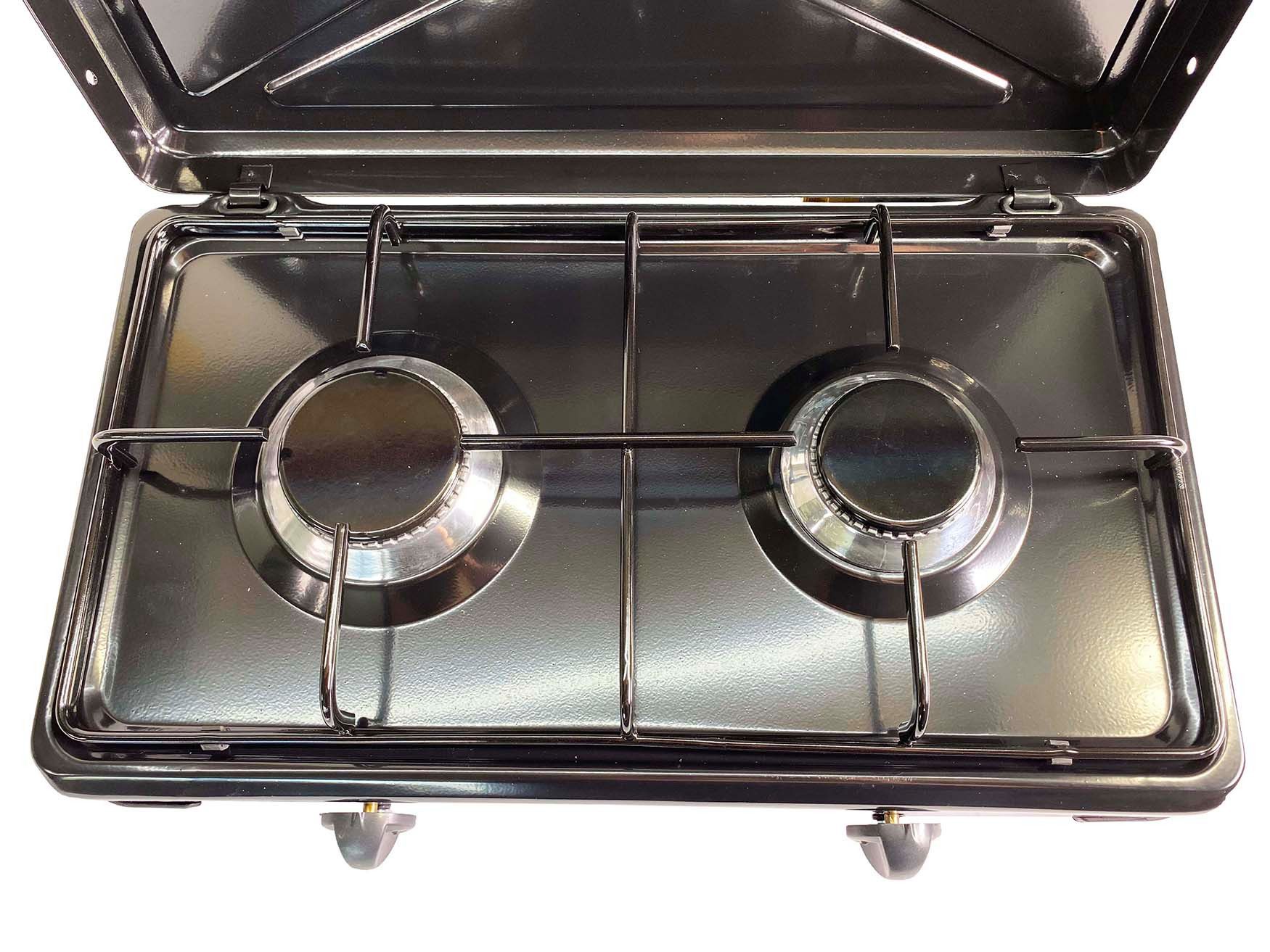 GARDINGER Camping-Gasgrill Duo Campingkocher schwarz zweiflammig mit Deckel, Schlauch, Regler, Packung, robuste Alugussbrenner