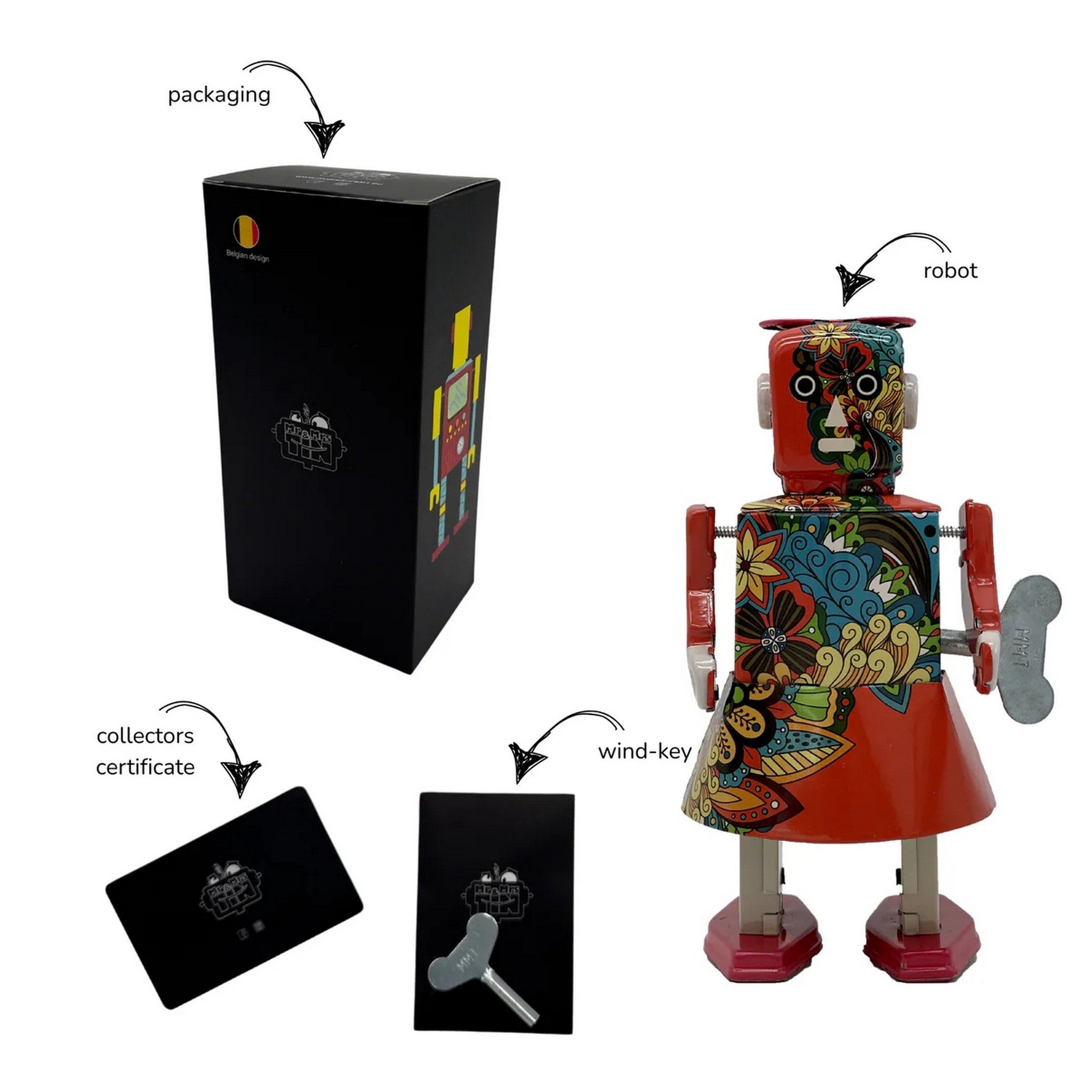 Mr & Mrs Tin Dekofigur Mr&Mrs Tin - Blossom Bot Blechroboter Gehfunktion Deko-Objekt -14x8cm (mit Aufziehmotor), Sammlerfigur