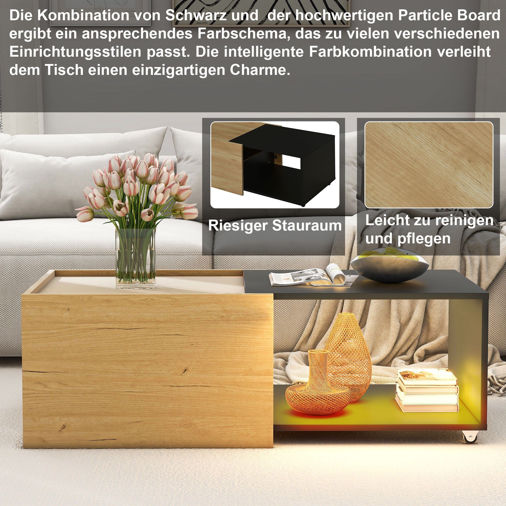 OKWISH Couchtisch Wohnzimmertisch mit ausziehbarem (Ausziehbares und Tischplatte Flexibilität Design), Spleißdesign Mobilität Zweifarbiges