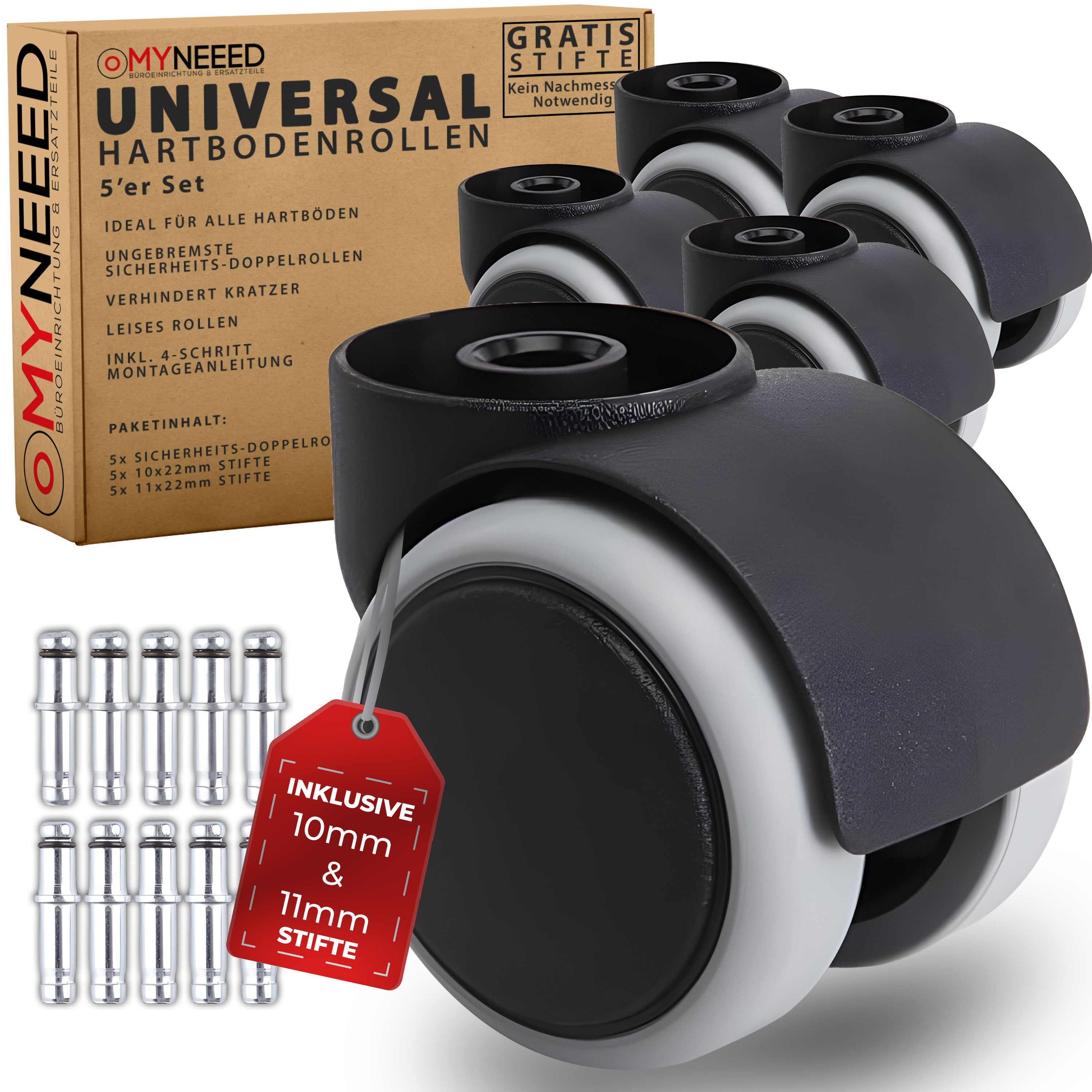 MYNEEED Bürostuhl Universal Bürostuhl Rollen ohne Stifte, mit 10mm & 11mm Stifte