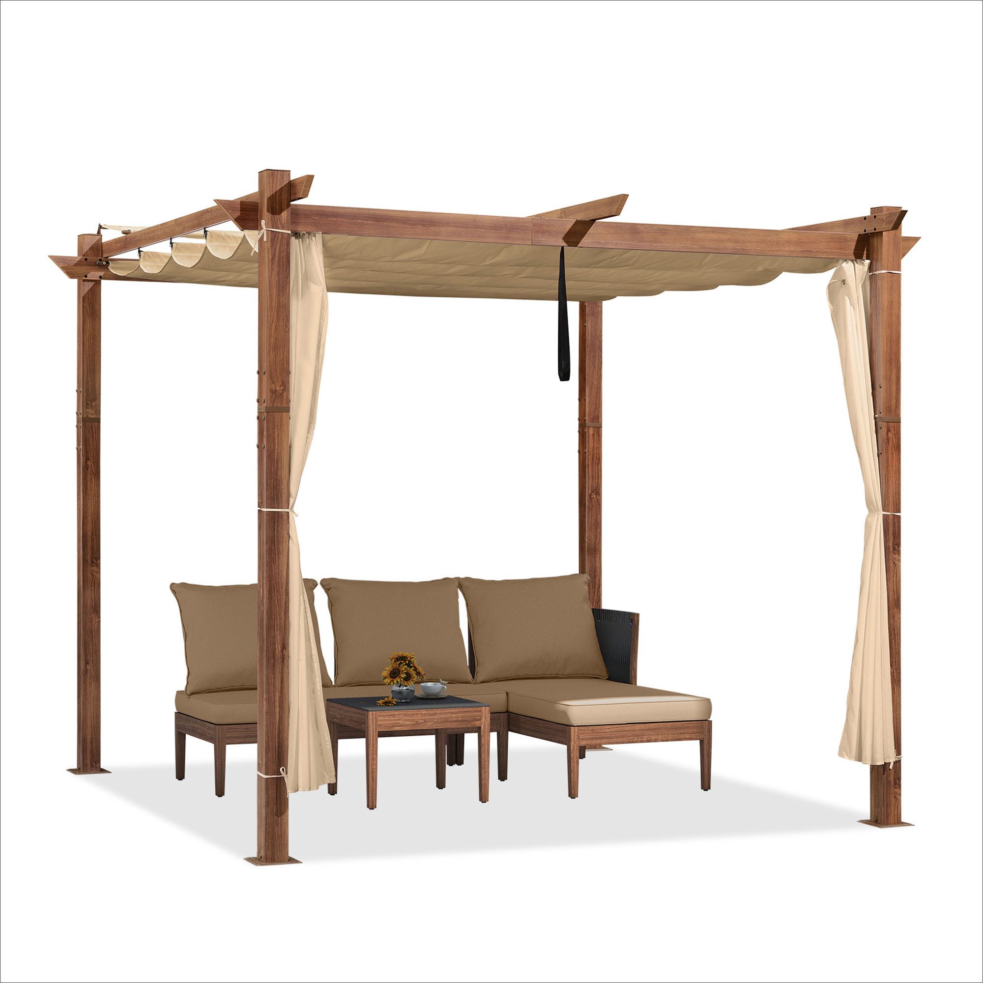 PURPLE LEAF Pergola Pergola mit Schiebedach in Holzoptik und Seitenmarkise für Terrasse, BxTxH: 300x300x245 cm, (Komplettes Set, 1 Pergola + 1 Seitenvorhang), Freistehende Pergola mit manuellem Schiebedach und Seitenvorhang