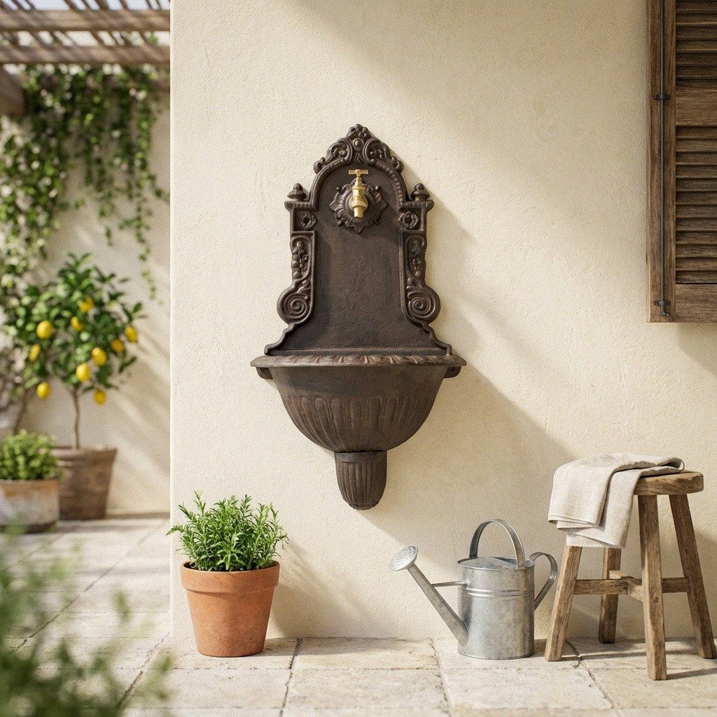 Antikas Wasserspeier Wandbrunnen Gusseisen rustikal braun patiniert, H.68 cm