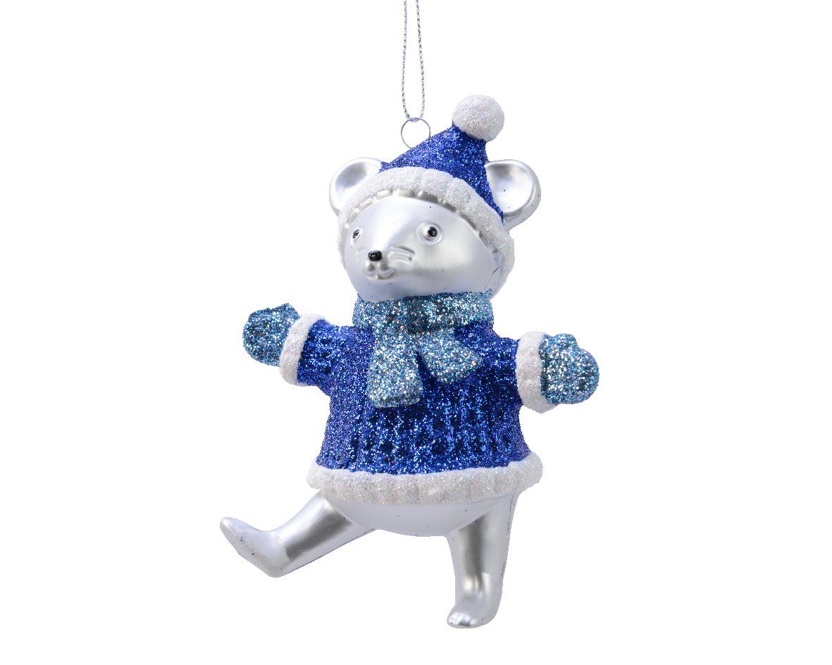 Kaemingk Christbaumschmuck, Christbaumschmuck Kunststoff Maus in Winterkleidung 11,5cm weiß / blau