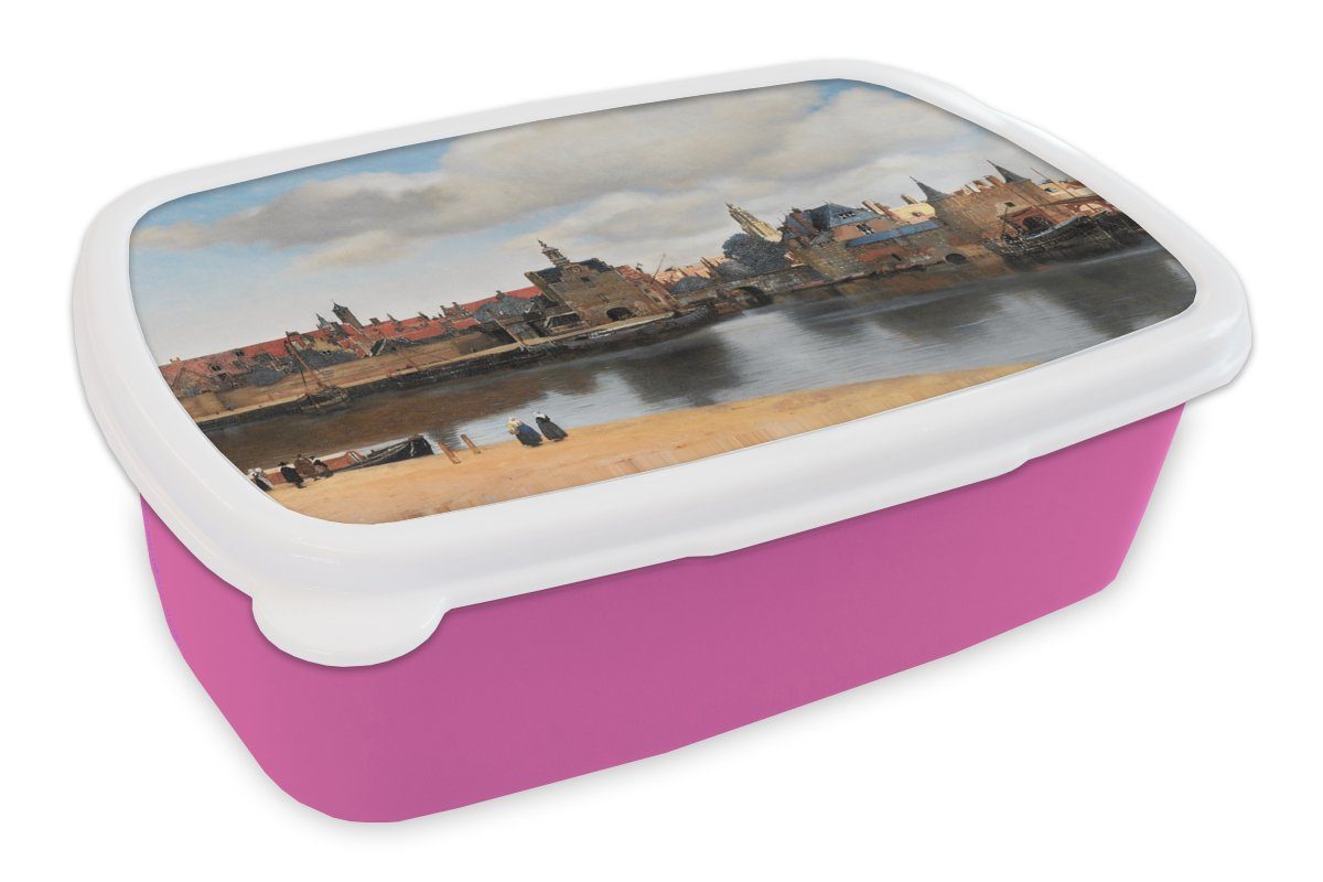 MuchoWow Lunchbox Vermeer - Stadt - Alte Meister - Kunst, Kunststoff, (2-tlg), Brotbox für Erwachsene, Brotdose Kinder, Snackbox, Mädchen, Kunststoff rosa