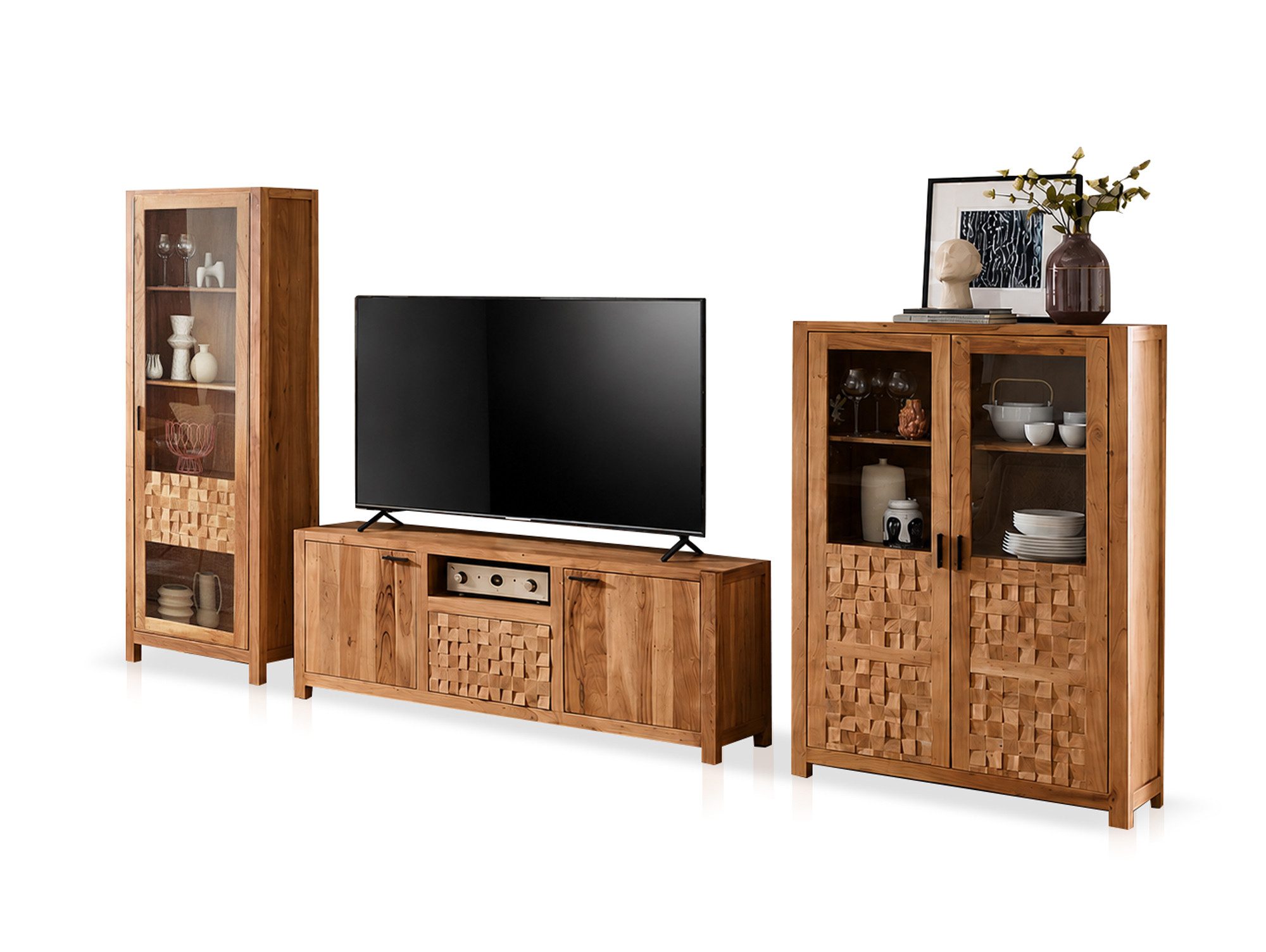 Moebel-Eins Wohnzimmer-Set, KAIRO Wohnkombination, Material Massivholz, Akazie massiv honigfarben