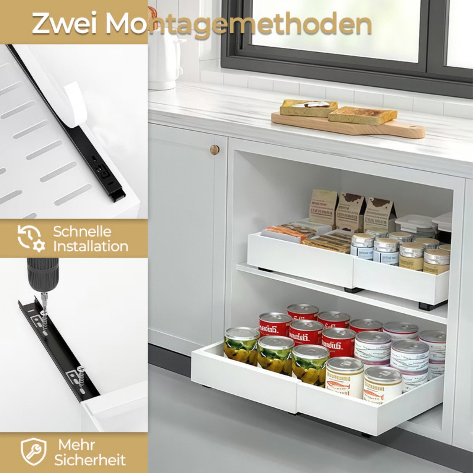 PFCTART Küchenorganizer-Set Küchenschrank Organizer aus Kohlenstoffstahl–Vorratsorganizer & Auszug, (Set, 2-tlg., Für Küche, Bad & Vorrat – Platzsparender Schrankorganizer), Breitenverstellbar 32–52 cm – Teleskopschublade ohne Bohren