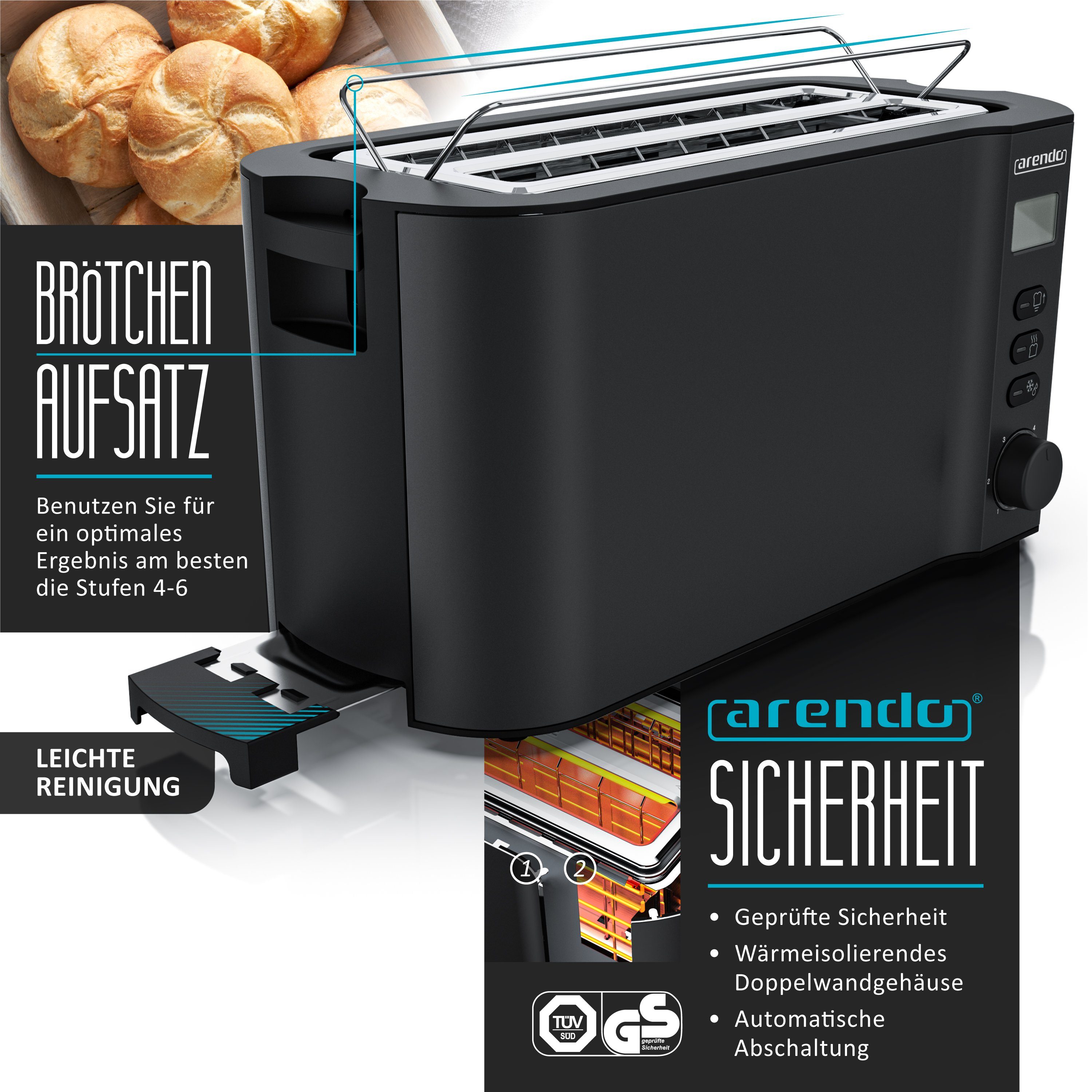 Arendo Frühstücks-Set Wasserkocher 1,5l, 4-Scheiben Toaster, 6er Eierkocher, Schwarz (3-tlg), Edelstahl, BPA-frei, GS-geprüfte Sicherheit, fürs Familienfrühstüc – Bild 4 von 5