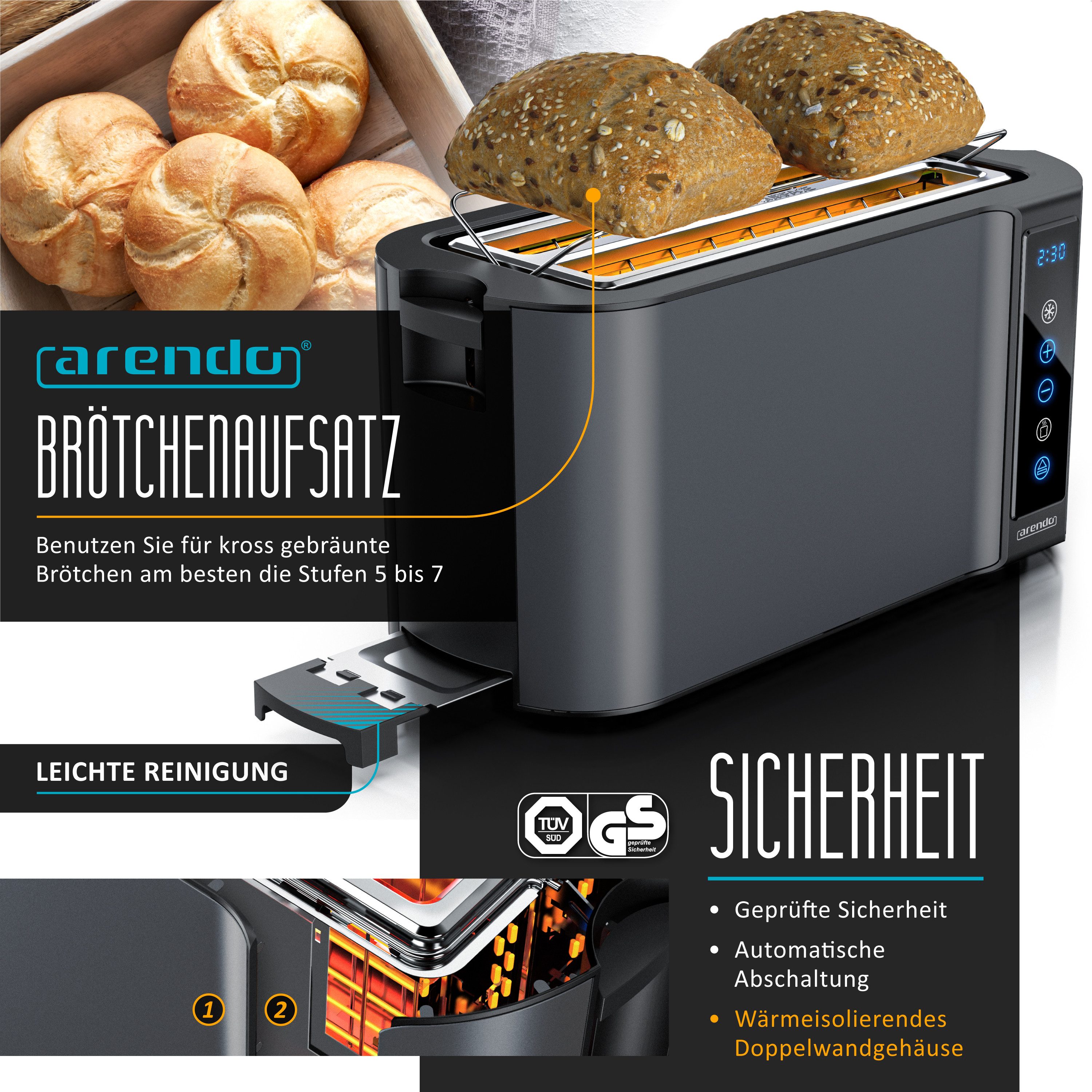 Arendo Frühstücks-Set Edelstahl Wasserkocher 1,5l, 4-Scheiben Langschlitz Toaster, Cool Grey (2-tlg), Wasserkocher mit Temperatureinstellung, Toaster Brötchenau – Bild 4 von 5