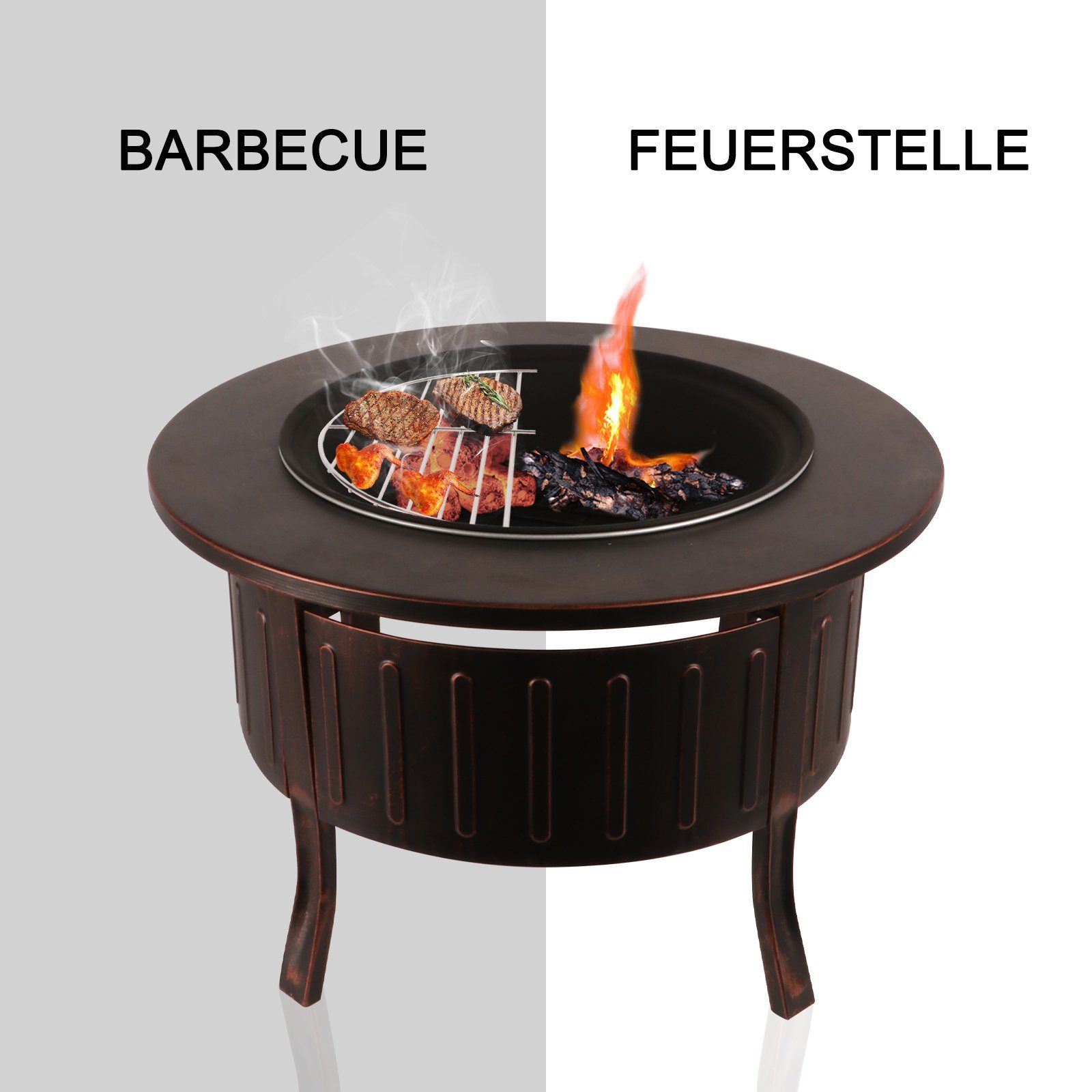 BIGTREE Feuerschale 3 in1 Feuerschalenfür,mit Funkenschutz Grillrost, BBQ