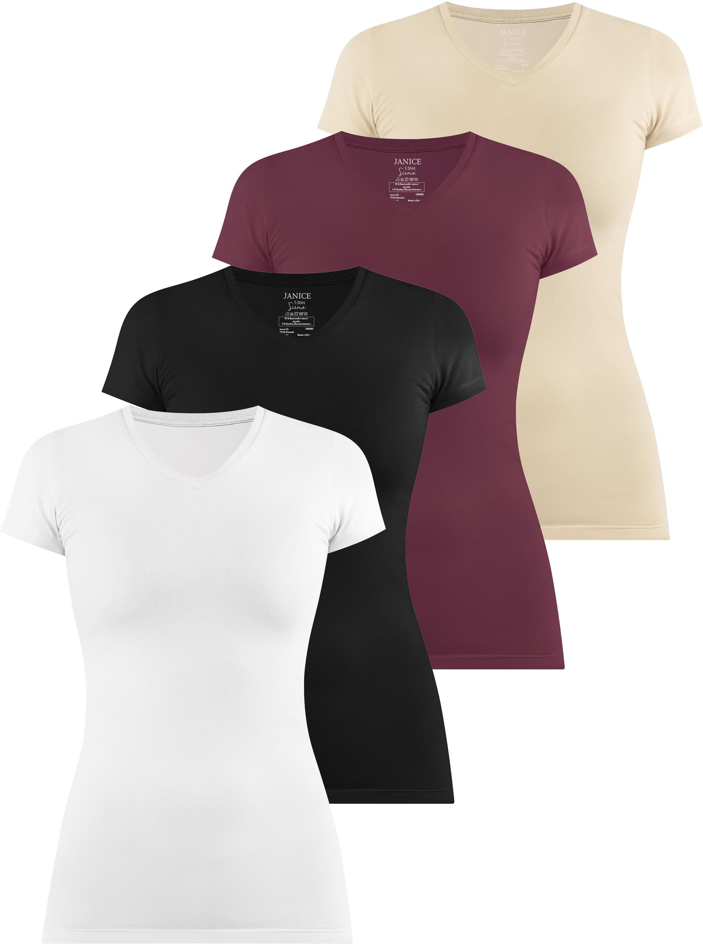 Janice Kurzarmshirt 4 x Figurbetontes T-Shirt mit V-Ausschnitt Siena Damen Basic kurzarm Shirt