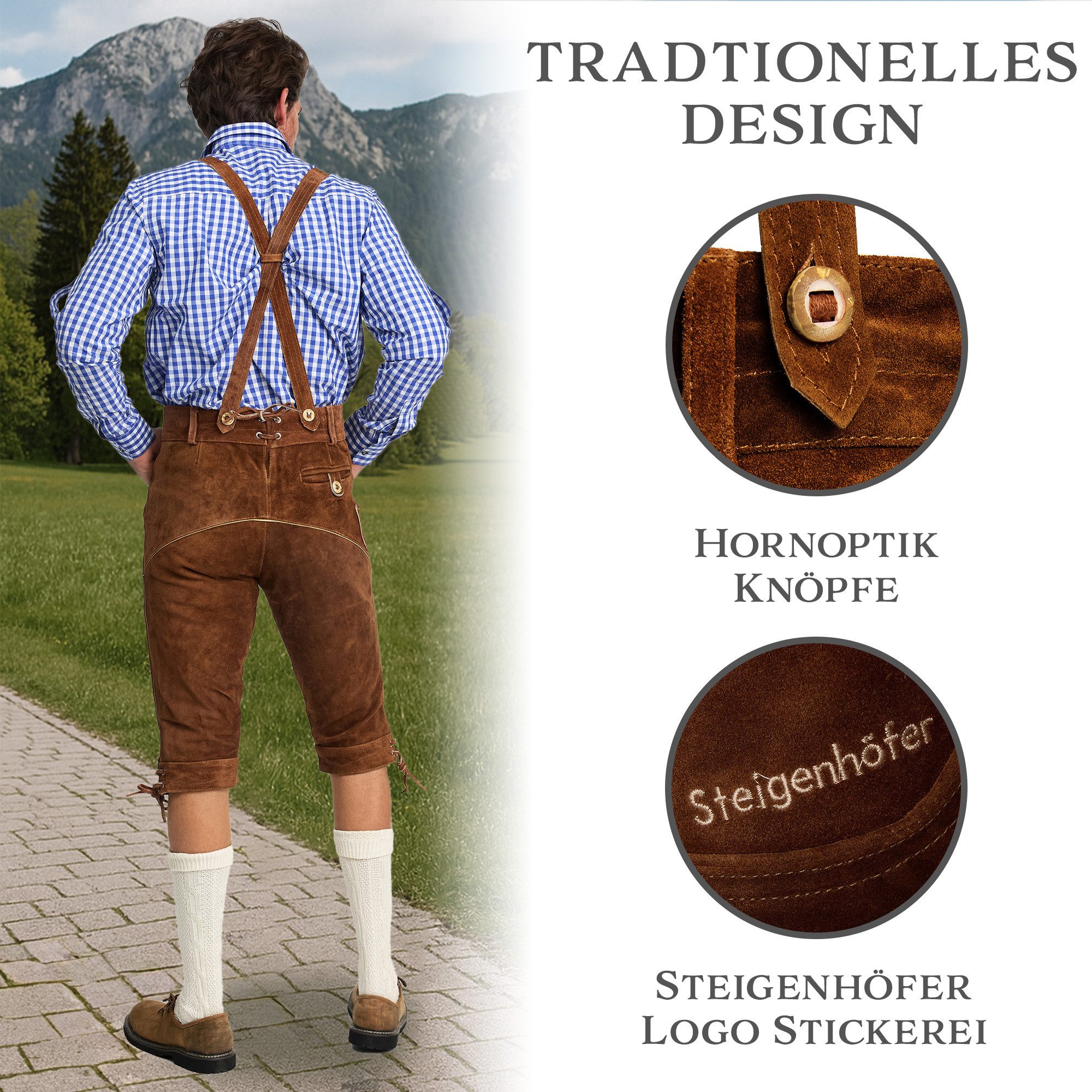 Steigenhöfer Manufaktur Trachtenlederhose Lederhose Herren Tracht Kniebund - Reinhold - 100% Rindsleder (Inklusive verstellbarer Träger) Traditionelle Echtlederhose - Ideal für Dein Oktoberfest Herren Outfit