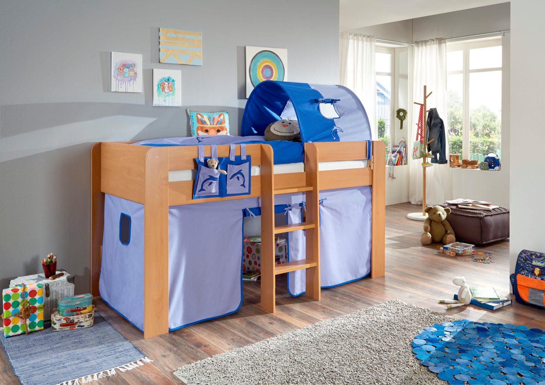 Relita Hochbett Andi mit Rolllattenrost, Textil-Set und Leiter, pflegel. Dekor Oberfläche