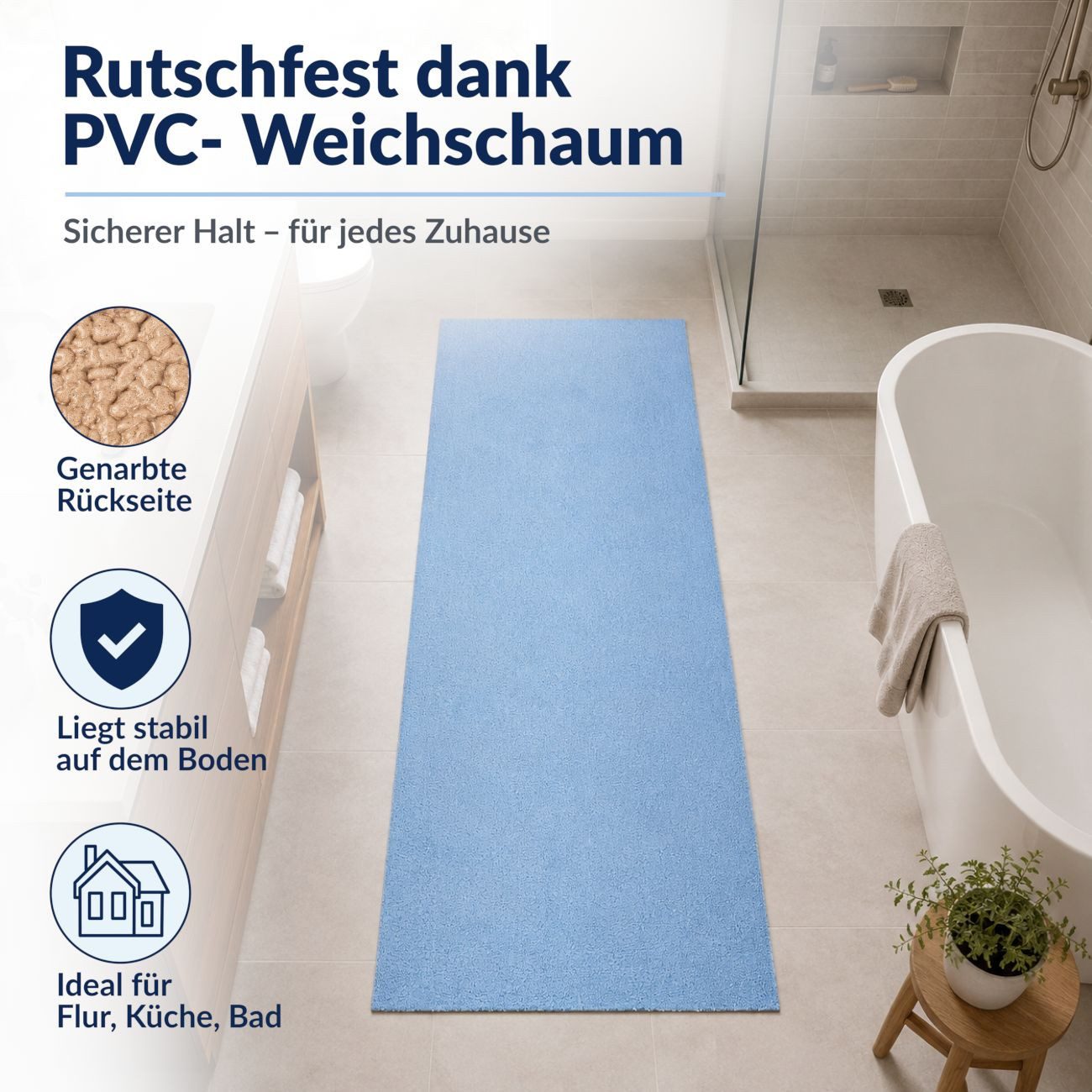 ANRO Badematte AquaComfort Meterware Mikrofaser Schlingen-Badläufer 60/90 cm Breite, Höhe 3 mm, rutschhemmender Rücken, Fußbodenheizung geeignet, zuschneidbar,  – Bild 4 von 5
