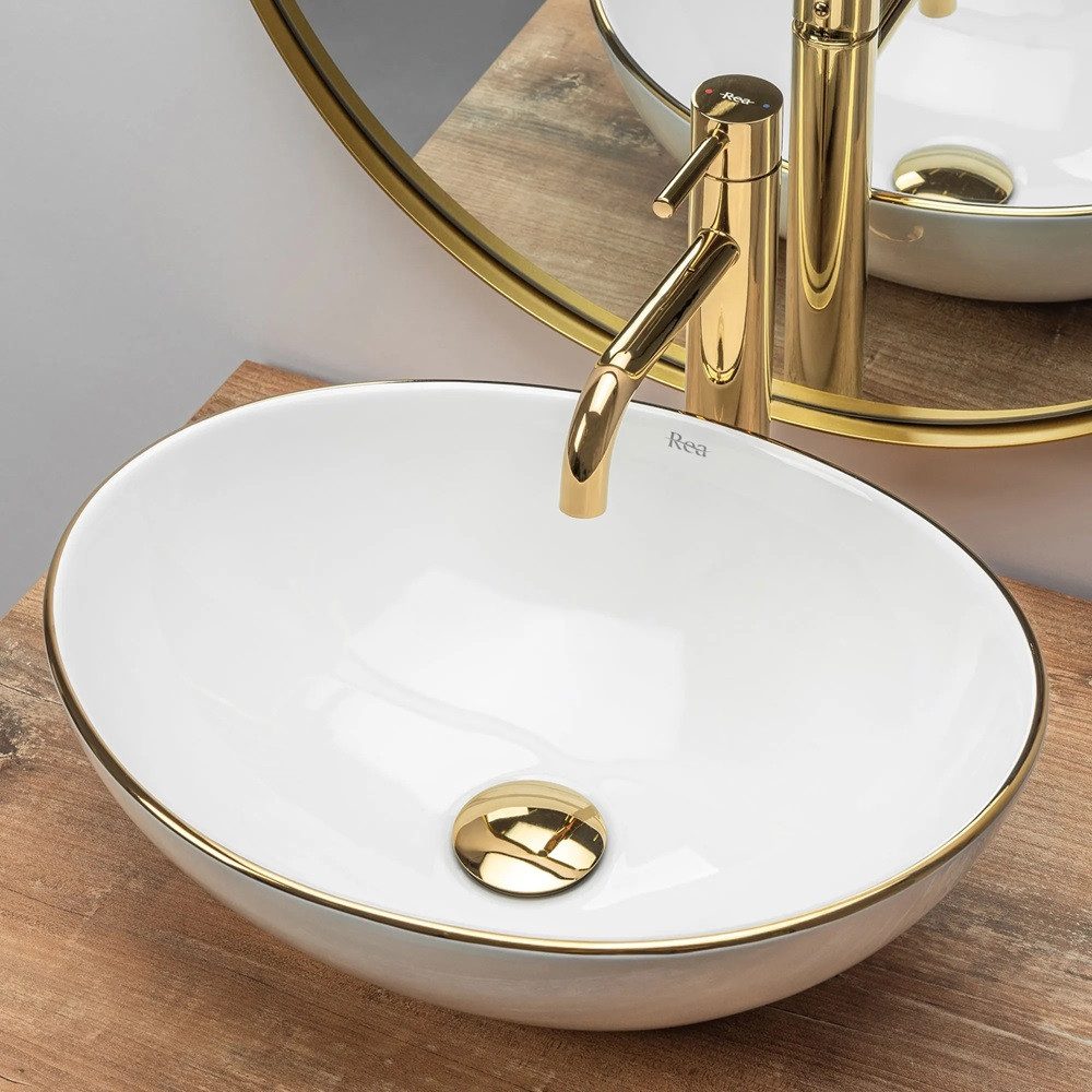 wohnwerk.idee Aufsatzwaschbecken Waschbecken Schwarz Weiß Gold Goldrand Sofia Gold Edge