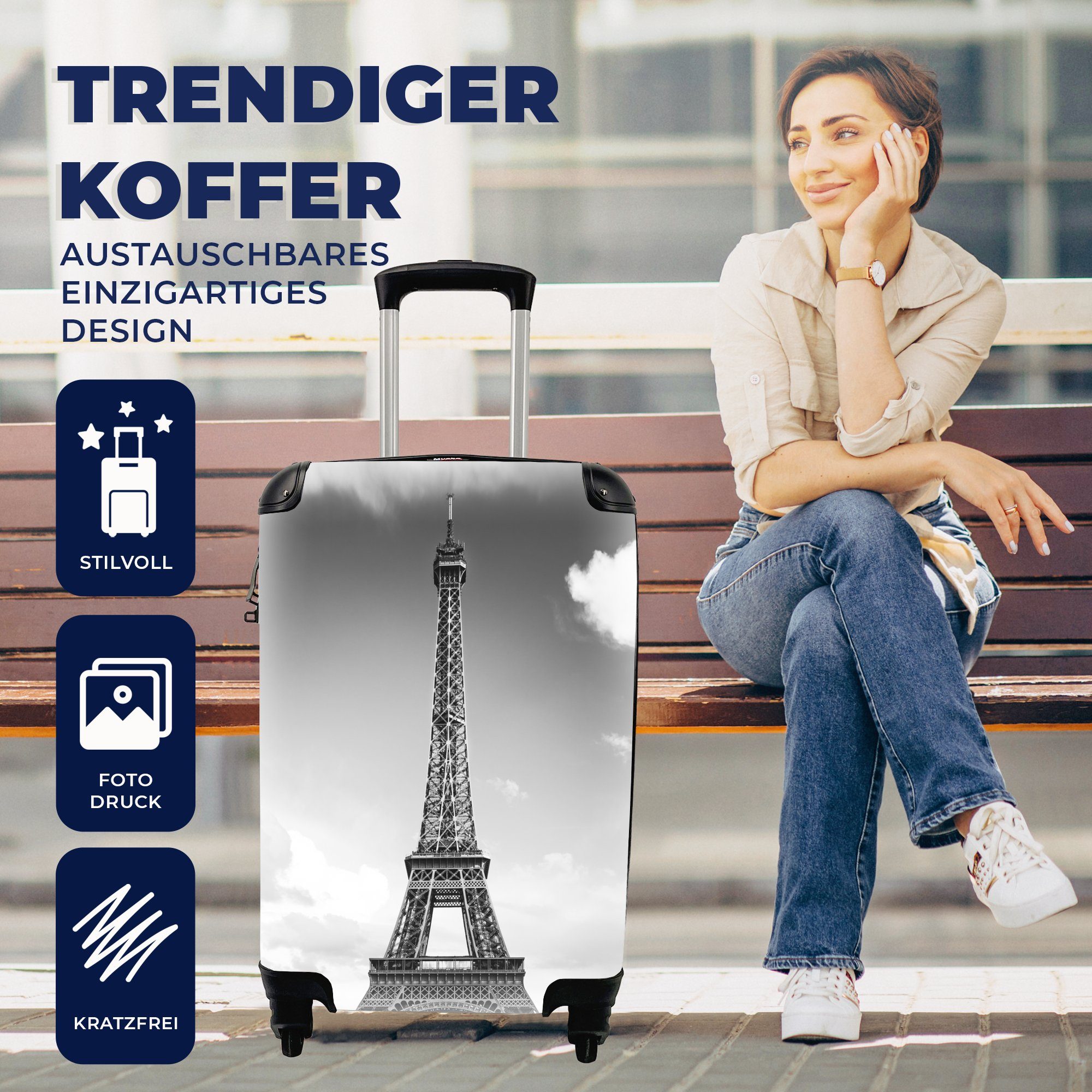 Handgepäckkoffer rollen, Reisekoffer Trolley, Reisetasche Der für 4 zwischen Eiffelturm MuchoWow Ferien, mit Handgepäck Wolken, den Rollen,