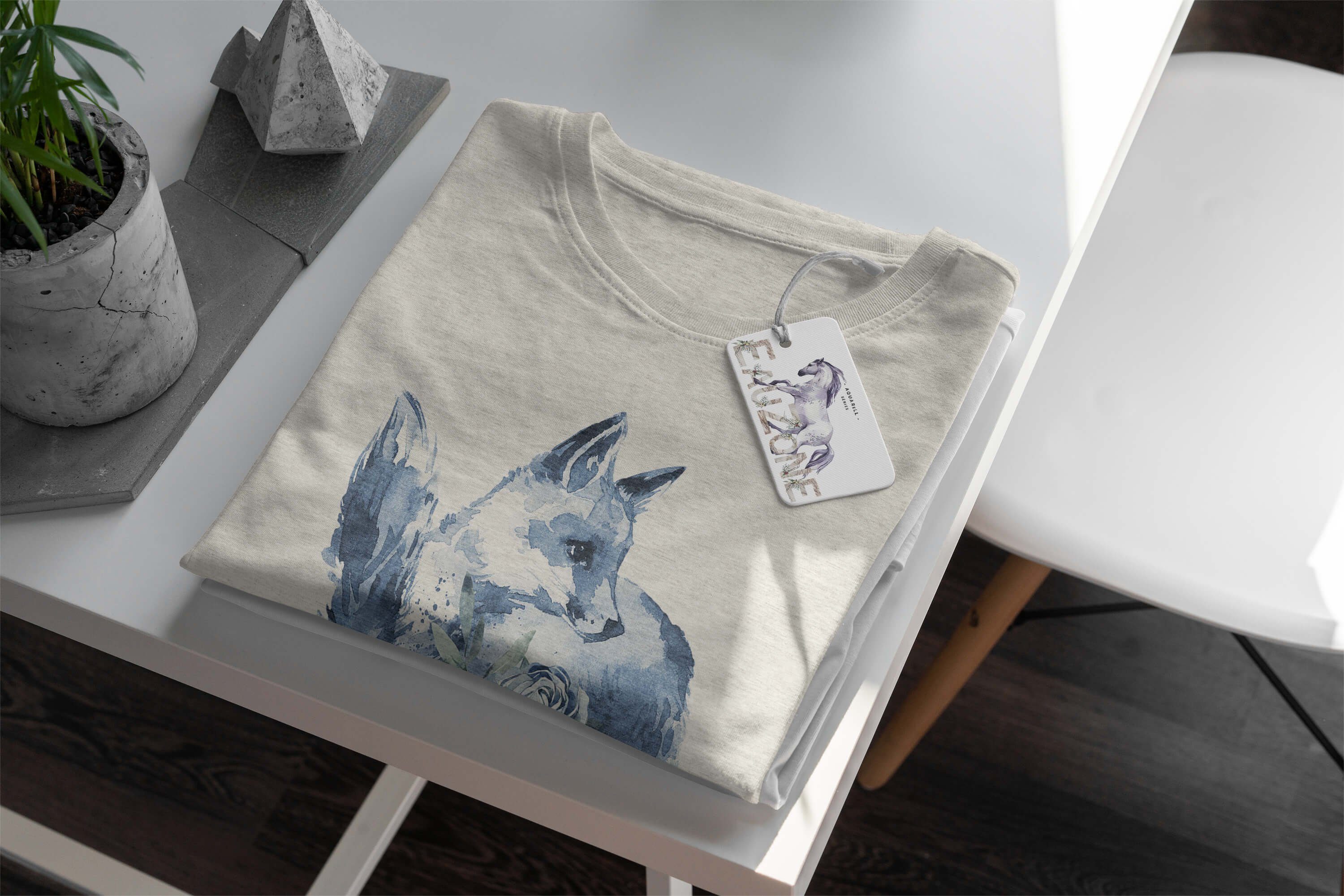 100% Motiv gekämmte Sinus Art T-Shirt Nachhaltig (1-tlg) Bio-Baumwolle Blüte aus T-Shirt Herren Shirt Ökomode Aquarell Fuchs