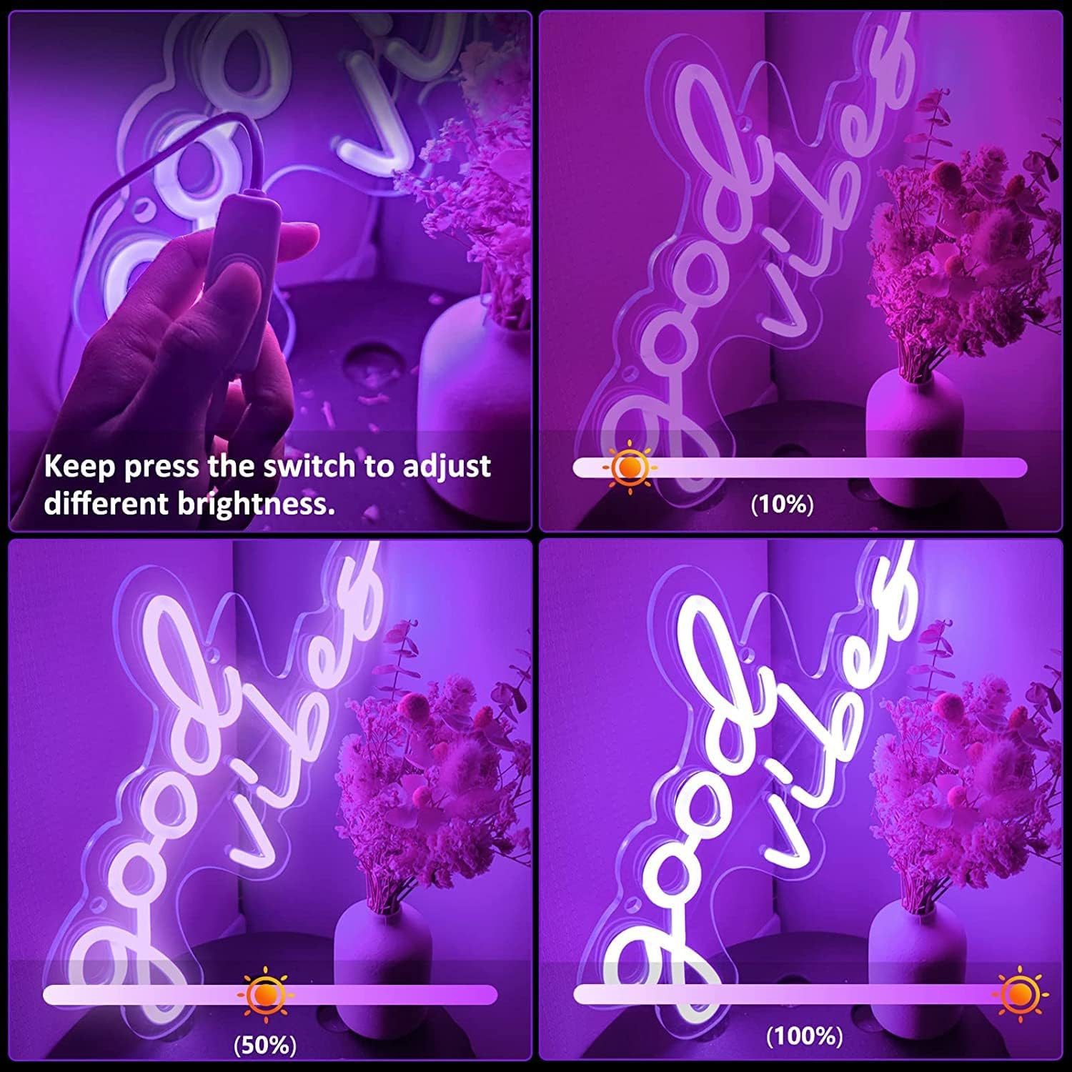 SOLIDEE LED Dekolicht LED-Neonschild „Good Vibes“ mit Acrylsockel, USB, Violett, LED fest integriert, Violett, „Good Vibes“-Schriftzug, violettes Licht, dimmbar – Bild 3 von 4
