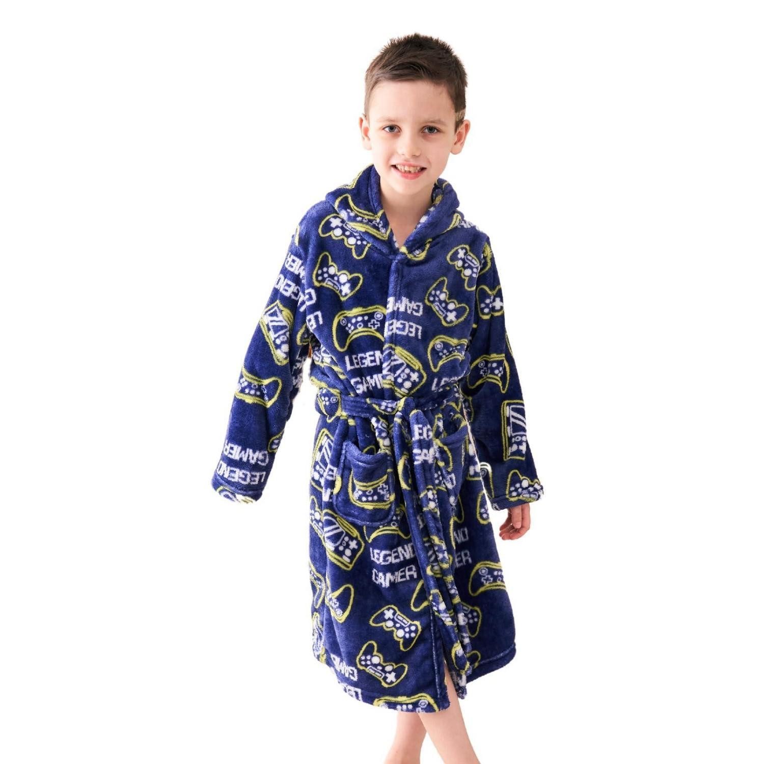 LuxusKollektion Kinderbademantel Morgenmantel Jungen Spieler-Blau Fleece Kapuze, Textil, Kapuze