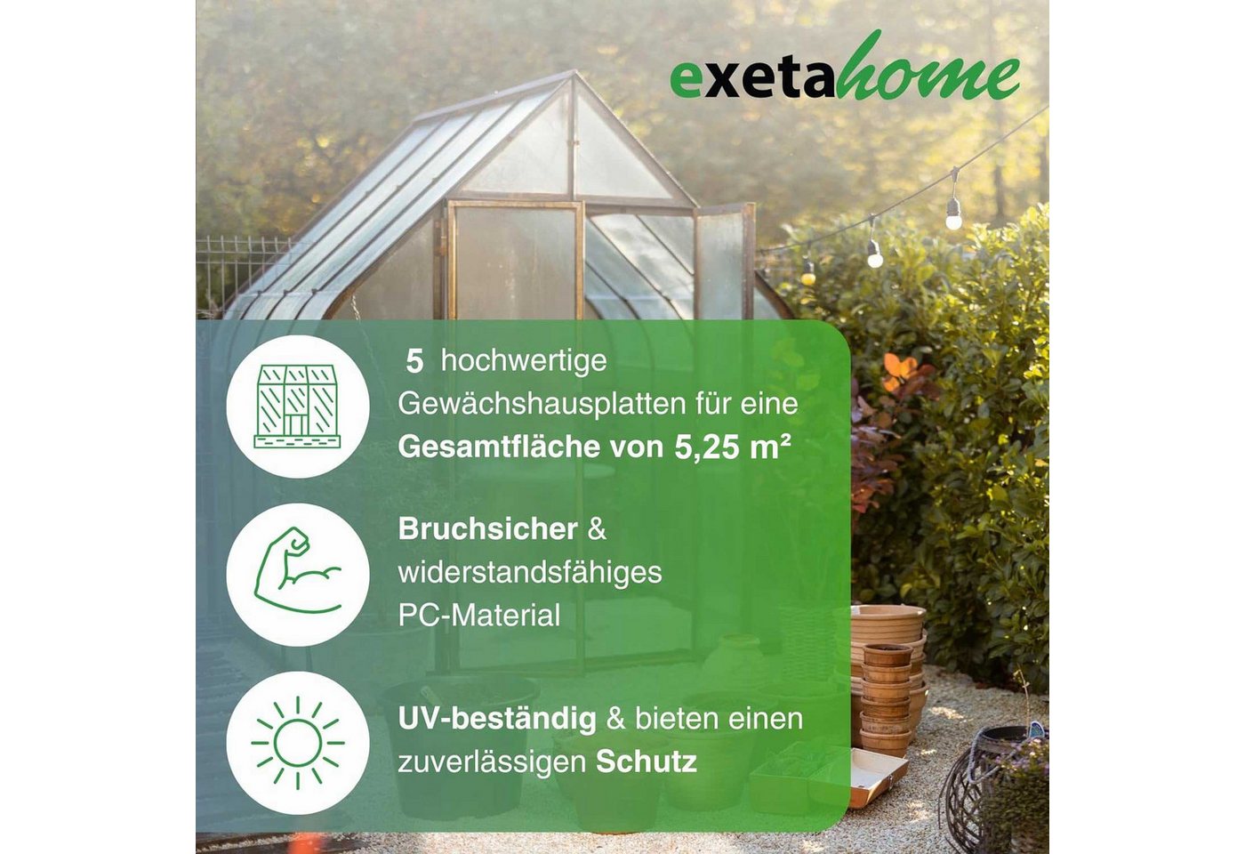 Thumbnail - exeta Hohlkammerplatte Gewächshausplatten 10mm 5 Stück I 70 x 150 cm Polycarbonatplatten, 5,25 m², (Spar-Set, 5x 10mm 70...