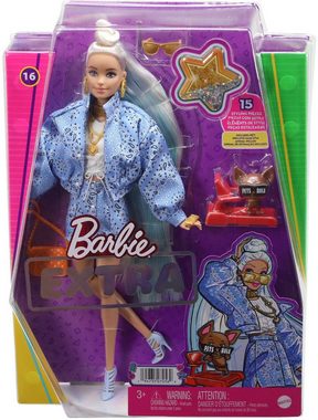Barbie Anziehpuppe Extra, (blond) mit hellblauem Rock & Jacke, Hund & Zubehör