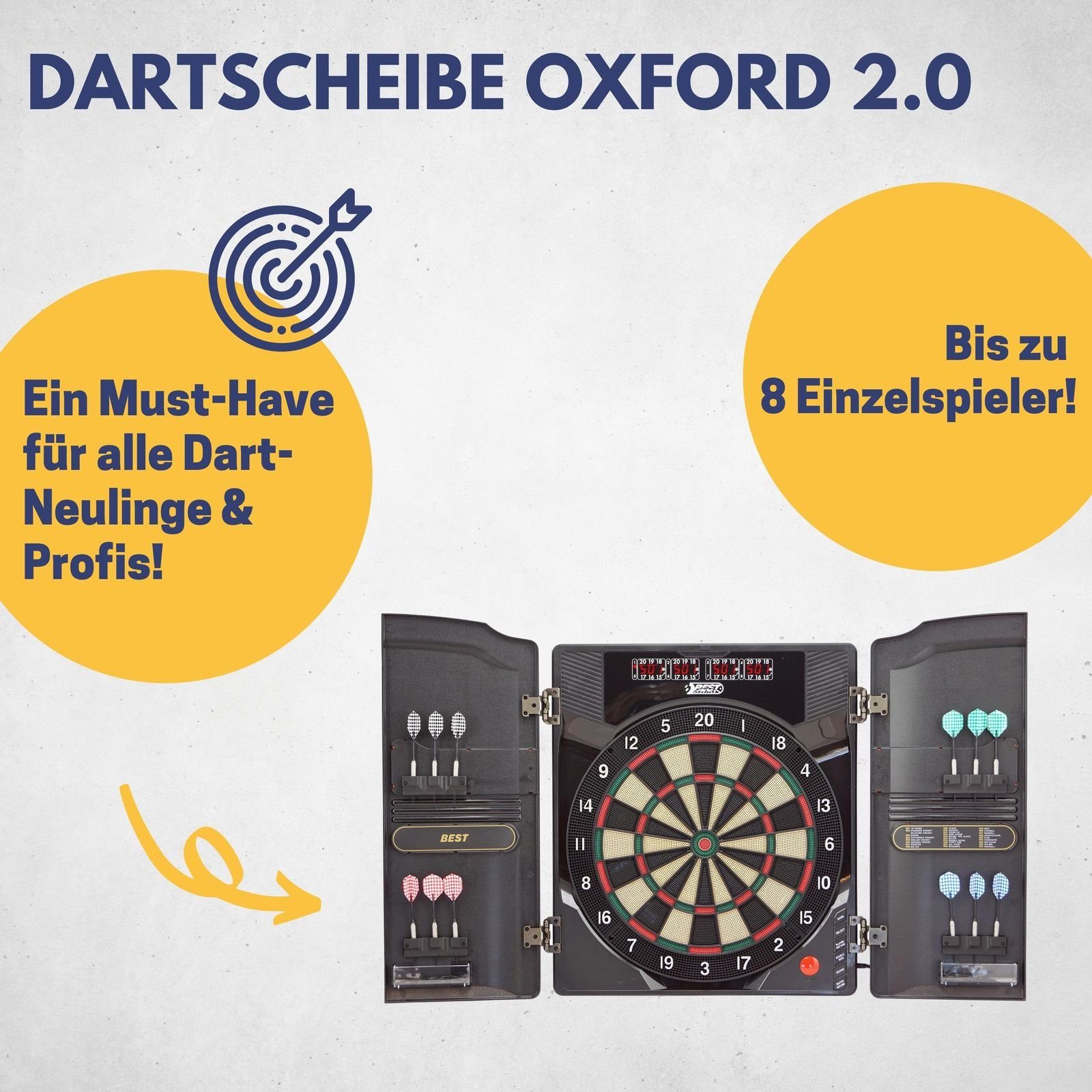 B Best Sporting Dartautomat mit Dartboard Kabinett 2.0 mit Walnuss-Optik elektronische LED-Anzeige, Oxford Dartscheibe