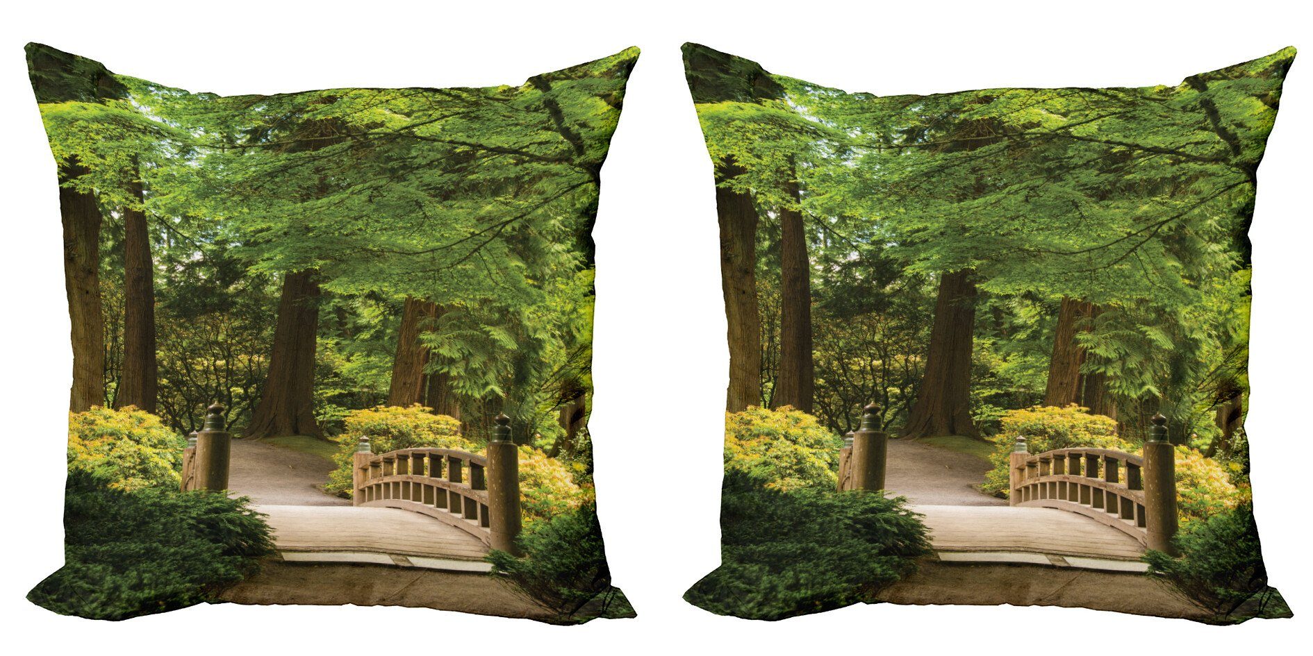 Kissenbezüge Modern Accent Doppelseitiger Digitaldruck, Abakuhaus (2 Stück), Wald Hölzerne Brücke über Teich