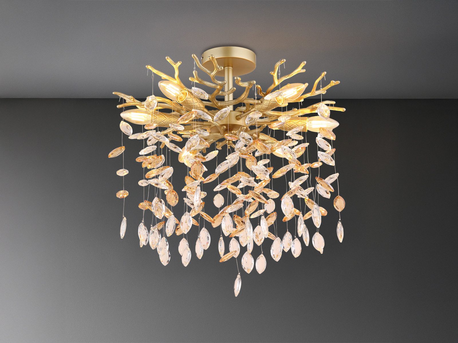 GLOBO LIGHTING LED Deckenleuchte mit Kristall 2-farbig Ø 50cm, Dimmfunktion, LED wechselbar, Warmweiß, ausgefallene extravagante Deckenlampe in Zweigoptik, mehrflammig