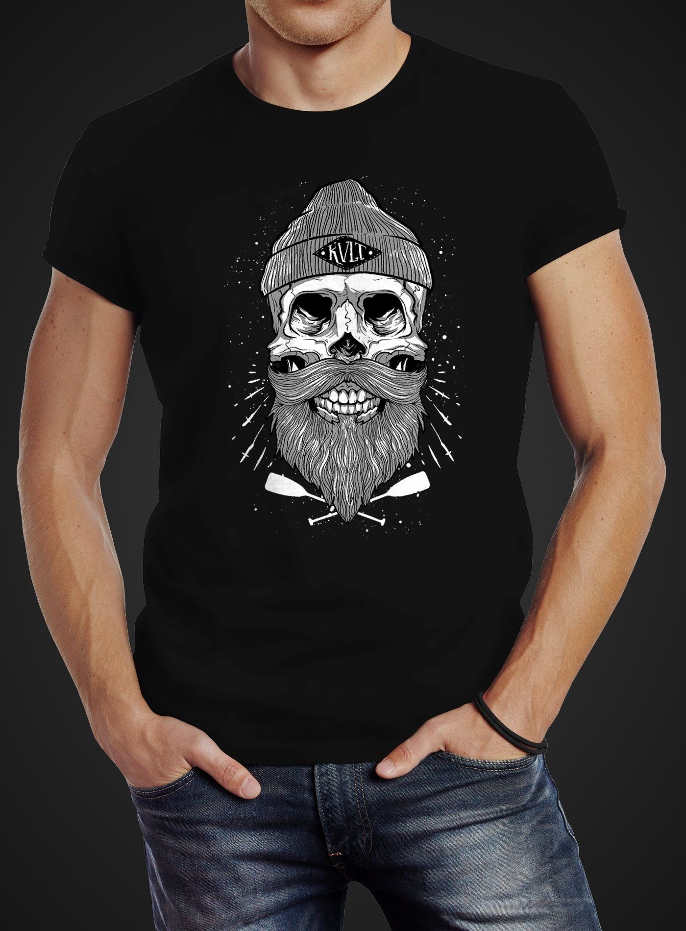 Neverless Print-Shirt Herren T-Shirt Captain Skull Beard Totenkopf Bart Kap günstig online kaufen