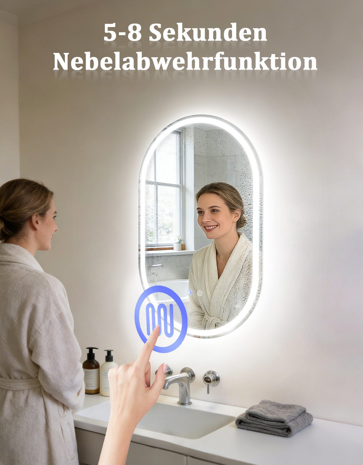 Nettlife Badspiegel LED Beleuchtung Touch Schalter Badezimmerspiegel 80CM Wandspiegel, 3000K bis 6500K Spiegel mit Entfogger Oval Memory Funktion – Bild 5 von 5