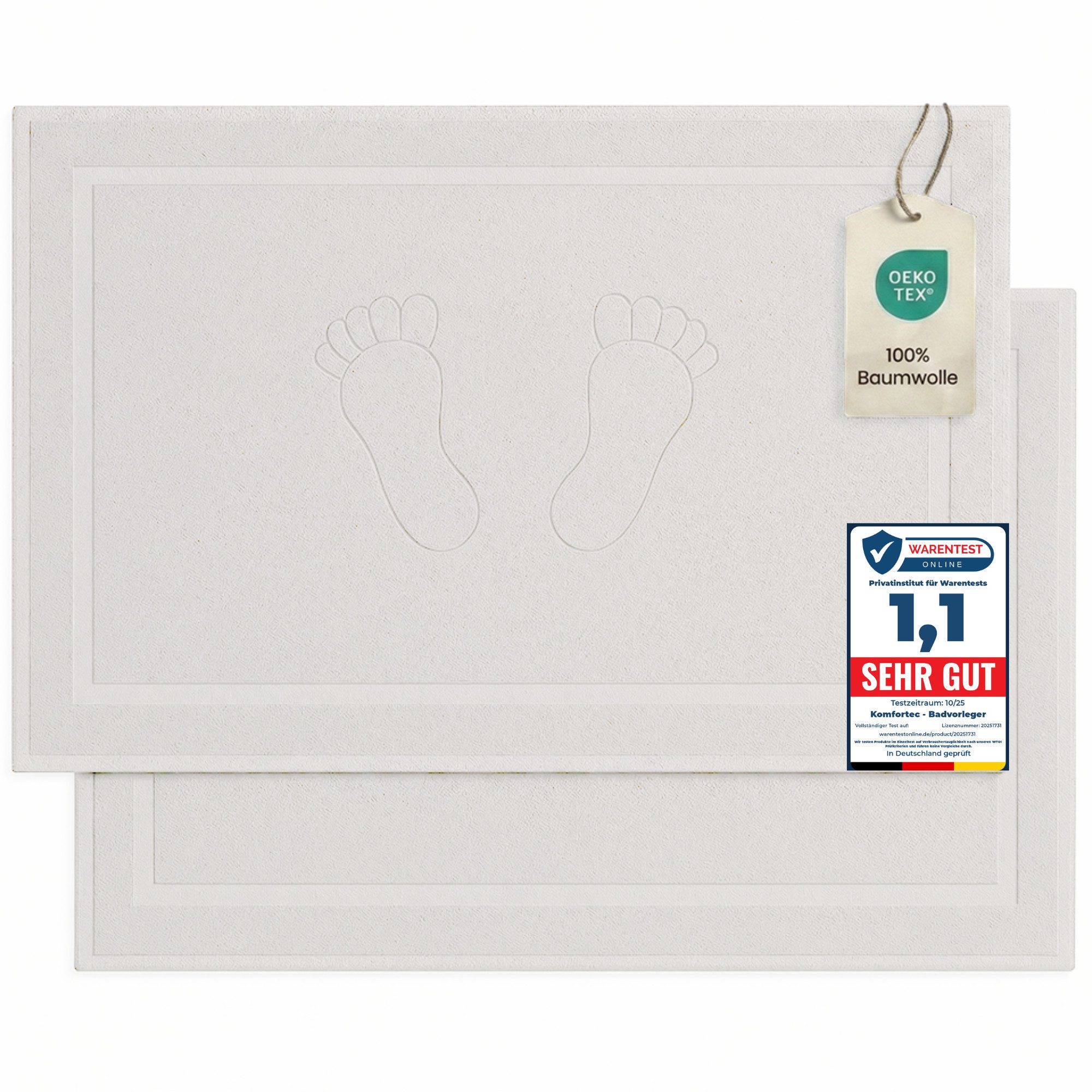 Komfortec Badematte Badvorleger aus 100% Baumwolle, 50x80 cm Duschvorleger, Waschbar Duschmatte, Frottee, Rechteckig, 800 g/m², 2er Set, Saugfähig & Schnelltrocknend