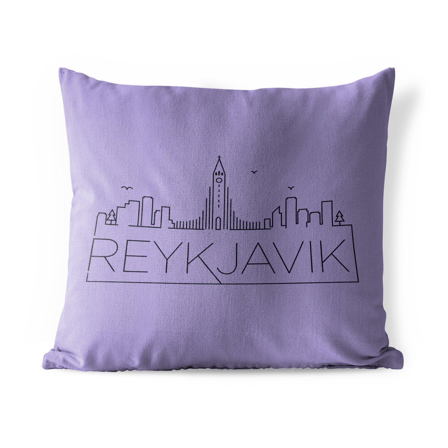 MuchoWow Dekokissen Stadtbild "Reykjavik" vor einem violetten Hintergrund, Kissenbezüge, Kissenhülle, Dekokissen, Dekokissenbezug, Outdoor