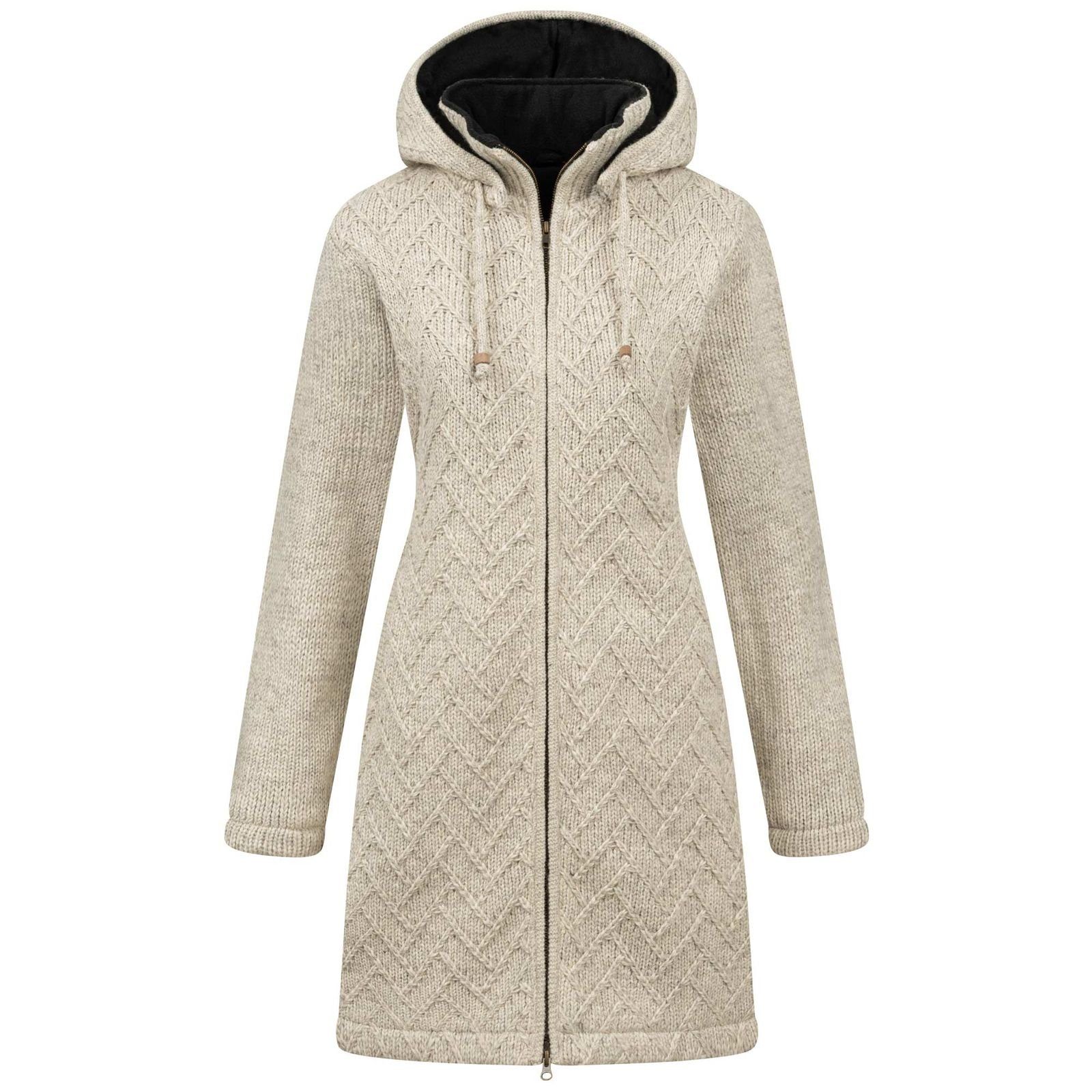 Longstrickjacke ALMHUBER Damen Strickjacke Kurzmantel Wolle Winter Jacke Kapuze Boho