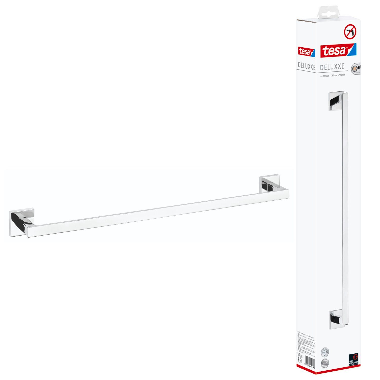 tesa Полотенцесушители DELUXXE Handstange ohne Bohren - 5,0 cm : 63 cm : 7,3 cm, selbstklebender Полотенцесушители - chrom - silber glänzend