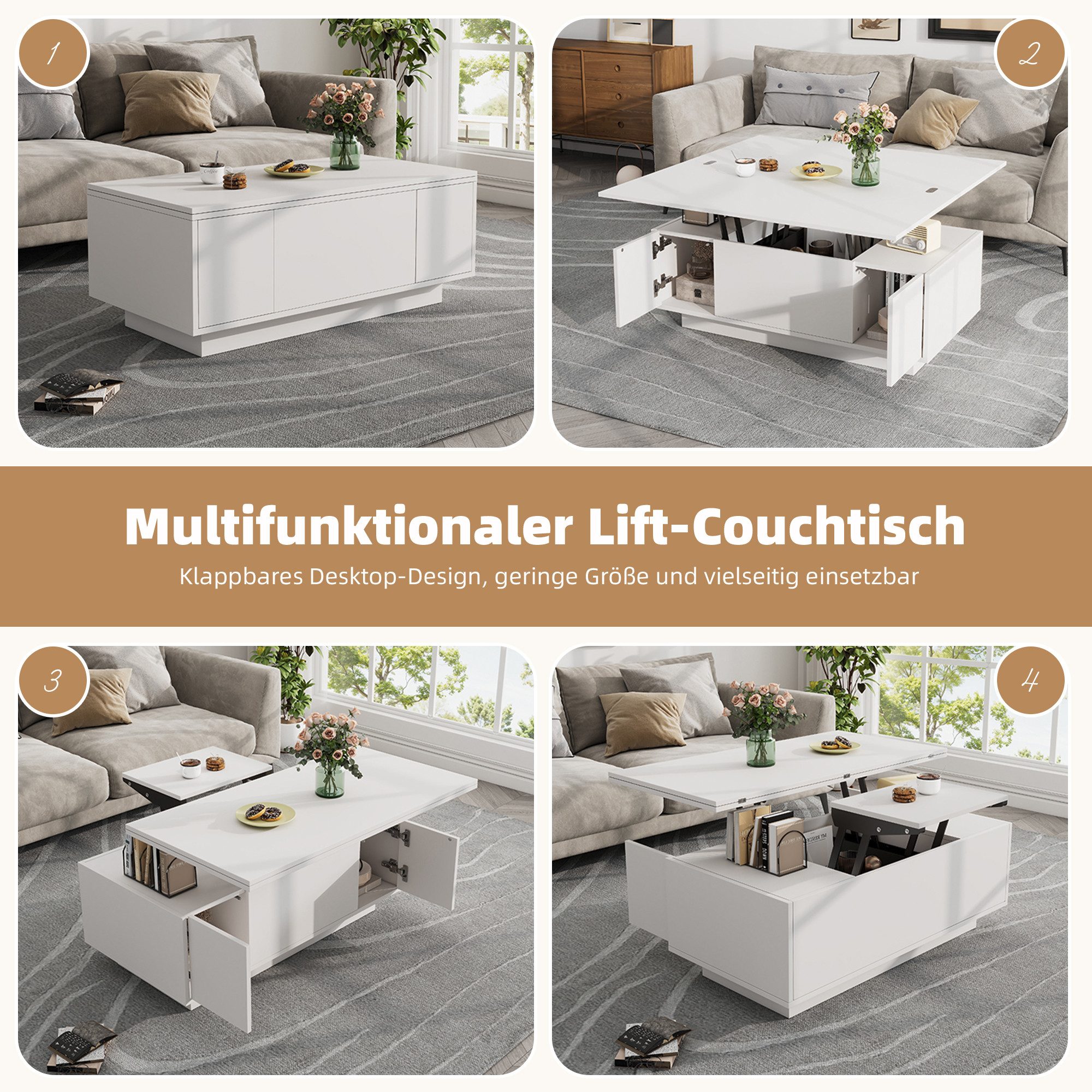 Merax Couchtisch Höhenverstellbarer Kaffeetisch mit Verstecktem Stauraum und Ablage (1-St., 100x50x43cm), Ausziehbarer Wohnzimmertisch Sofatisch für Wohnzimmer – Bild 5 von 5