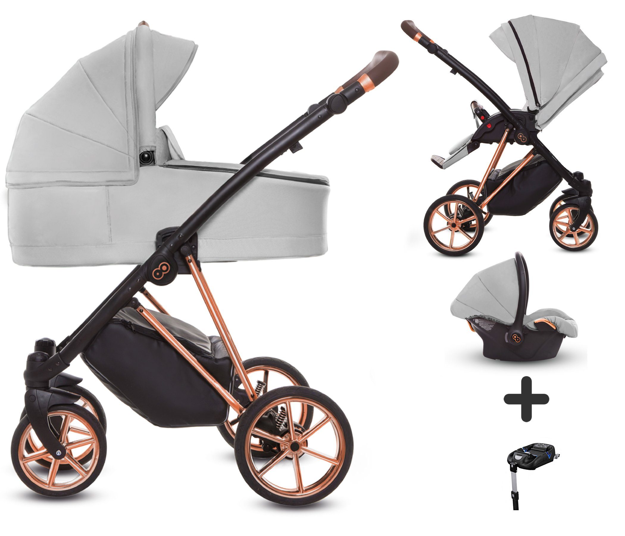 TPFFamily Kombi-Kinderwagen 4 in 1 Musse Ultra, Baby Buggy Babywanne Autositz Isofix Basis, großes Zubehör-Set Kinderwagen 4 in 1 Stoff Zen, Gestell Rosé Gold