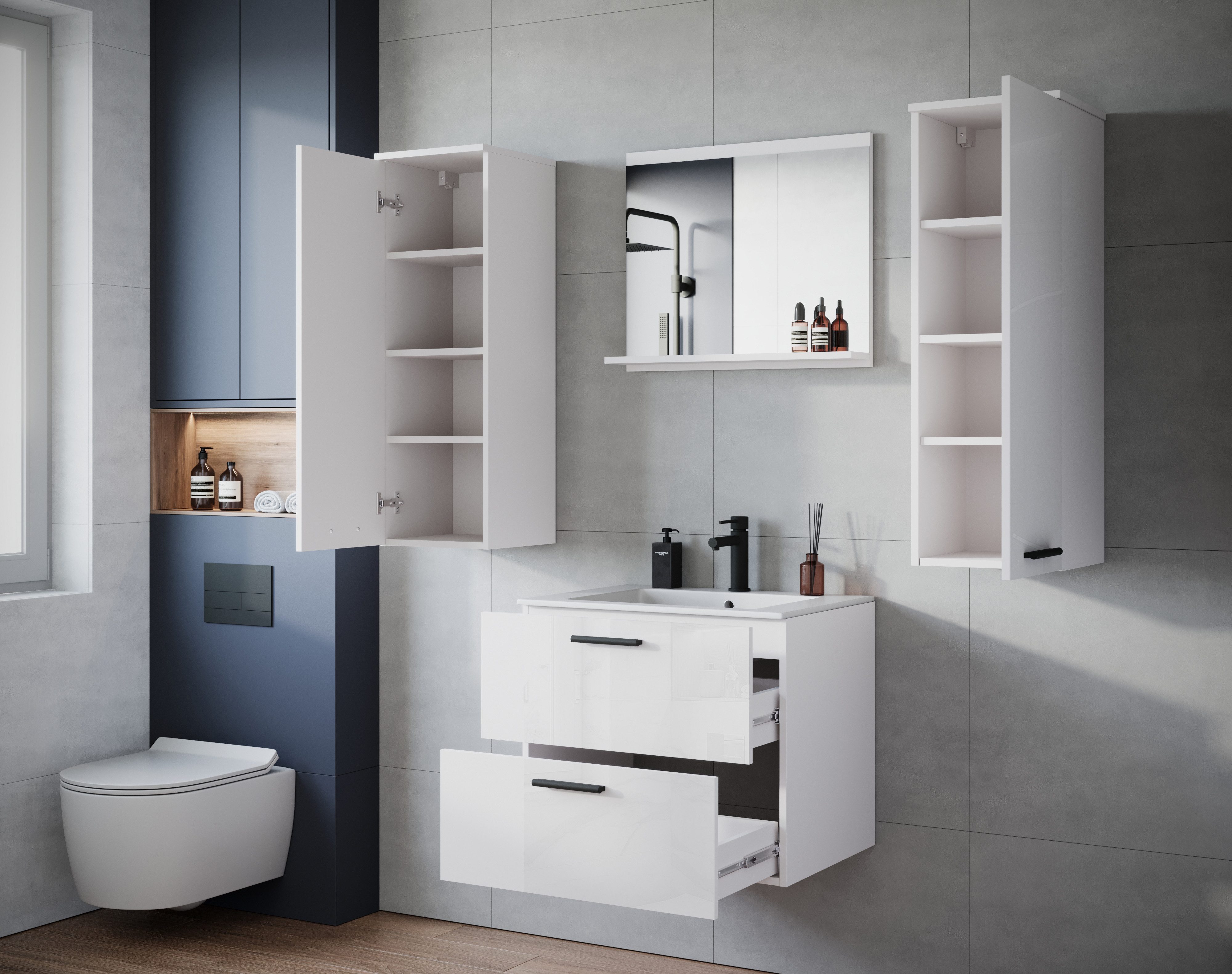 welltime Badmöbel-Set PILA, (Set, 4-St), Badmöbel 4-teilig, verstellbare Einlegeböden, Schubladen