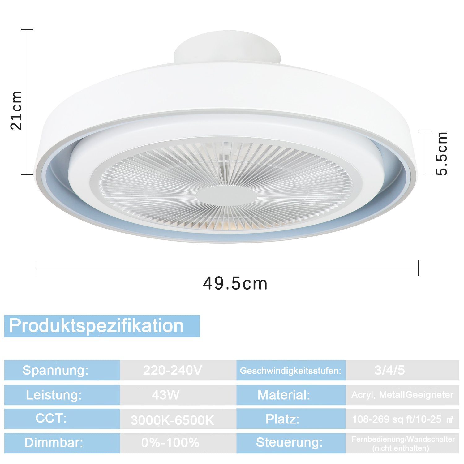 Deckenlampe Leise, ZMH Leise Dimmbar, Energieeinsparung, Flimmerfrei Modern Fernbedienung, 5 Deckenventilator Blau Flügeln,