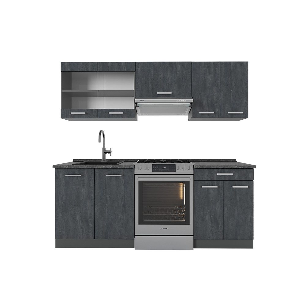Livinity® Küchenzeile R-Line, Schwarz Beton/Anthrazit, 200 cm AP Eiche
