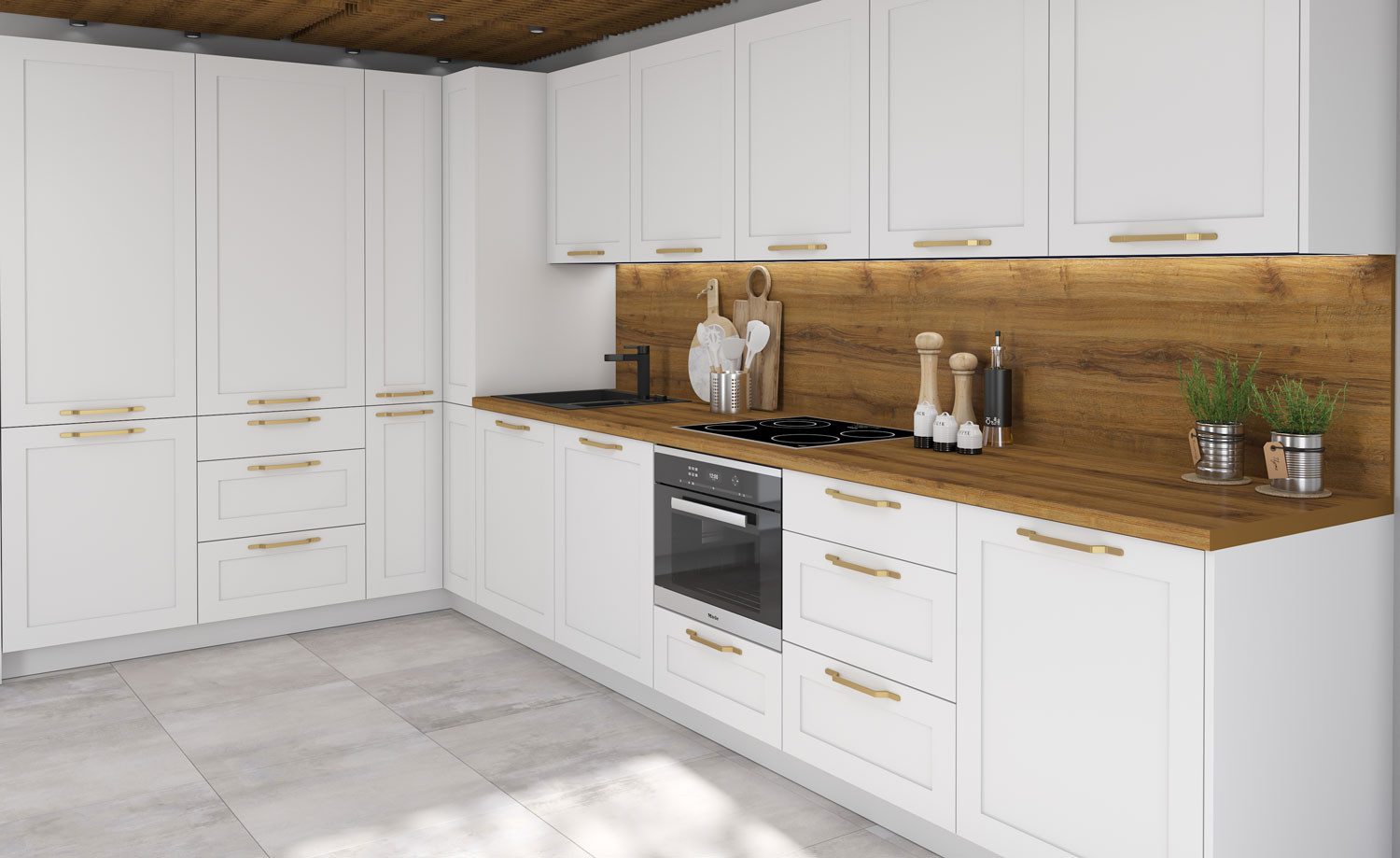 Feldmann-Wohnen Winkelküche Oslo, (Fronten hochwertig beschichtet mit filigranen Fräsungen in Rahmenoptik), 212x392x207cm weiß / weiß matt 13-teilig, HETTICH Vollauszug