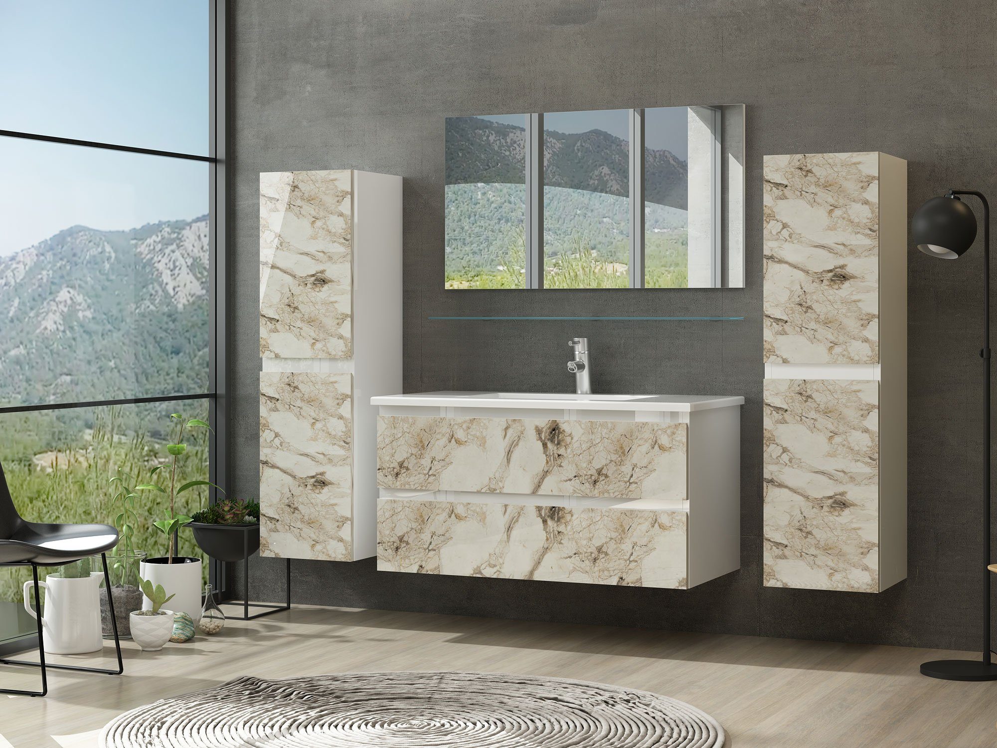 Homeline Badmöbel-Set Diana, (Badmöbel Set 90 cm Weiss Marmor Optik Hochgla günstig online kaufen