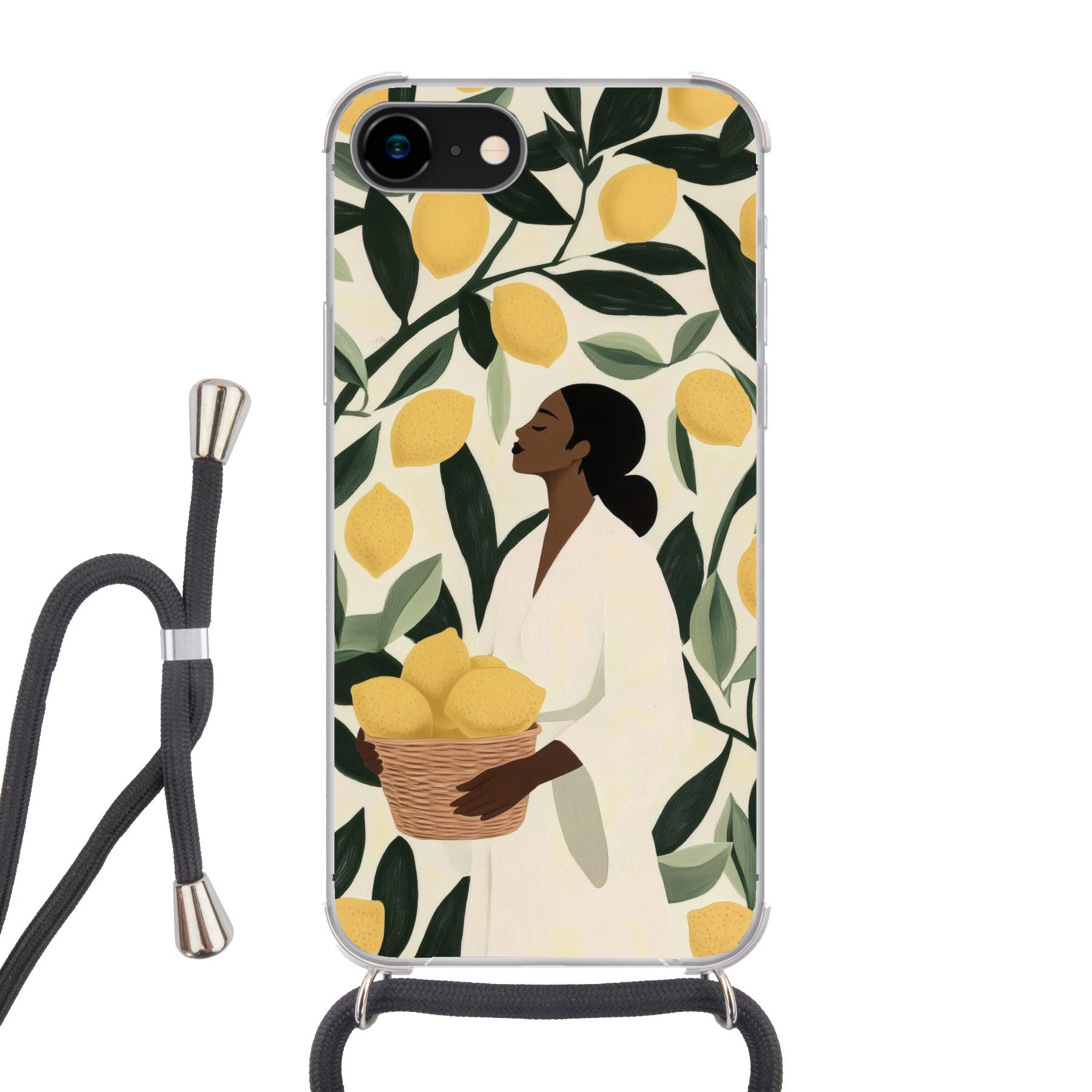 MuchoWow Handyhülle für Apple iPhone 8 Frau - Korb - Zitronen - Blätter, Tragbare Handyhüllen mit Kette zum umhängen, Handykette Handyband
