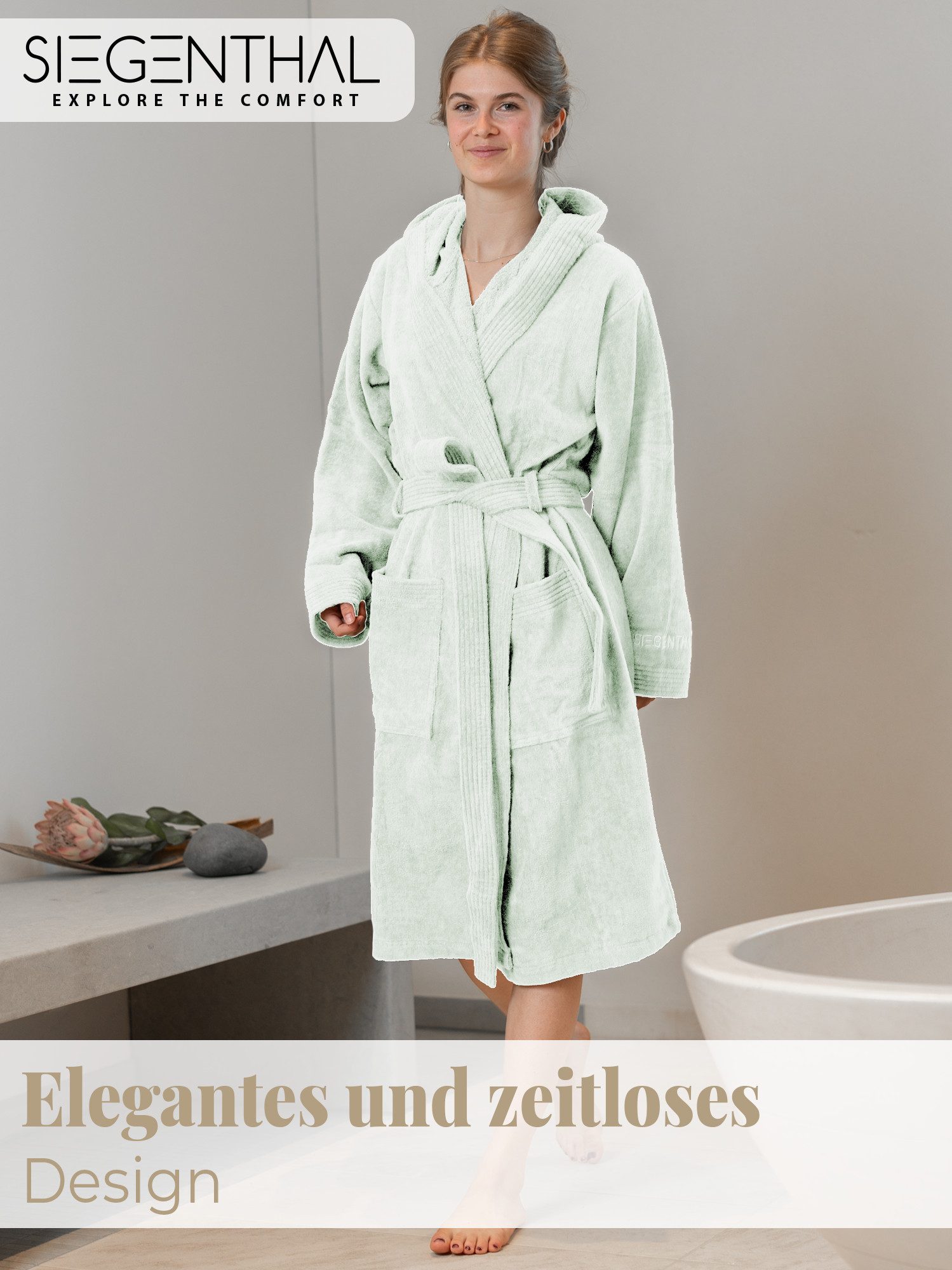 SIEGENTHAL Damenbademantel SIEGENTHAL® Damen Bademantel Frottee Velour Kapuze Flauschig Knielang, Kapuze, Gürtel, saugfähigem Frottee,Pflegeleicht und langlebig,praktische Taschen