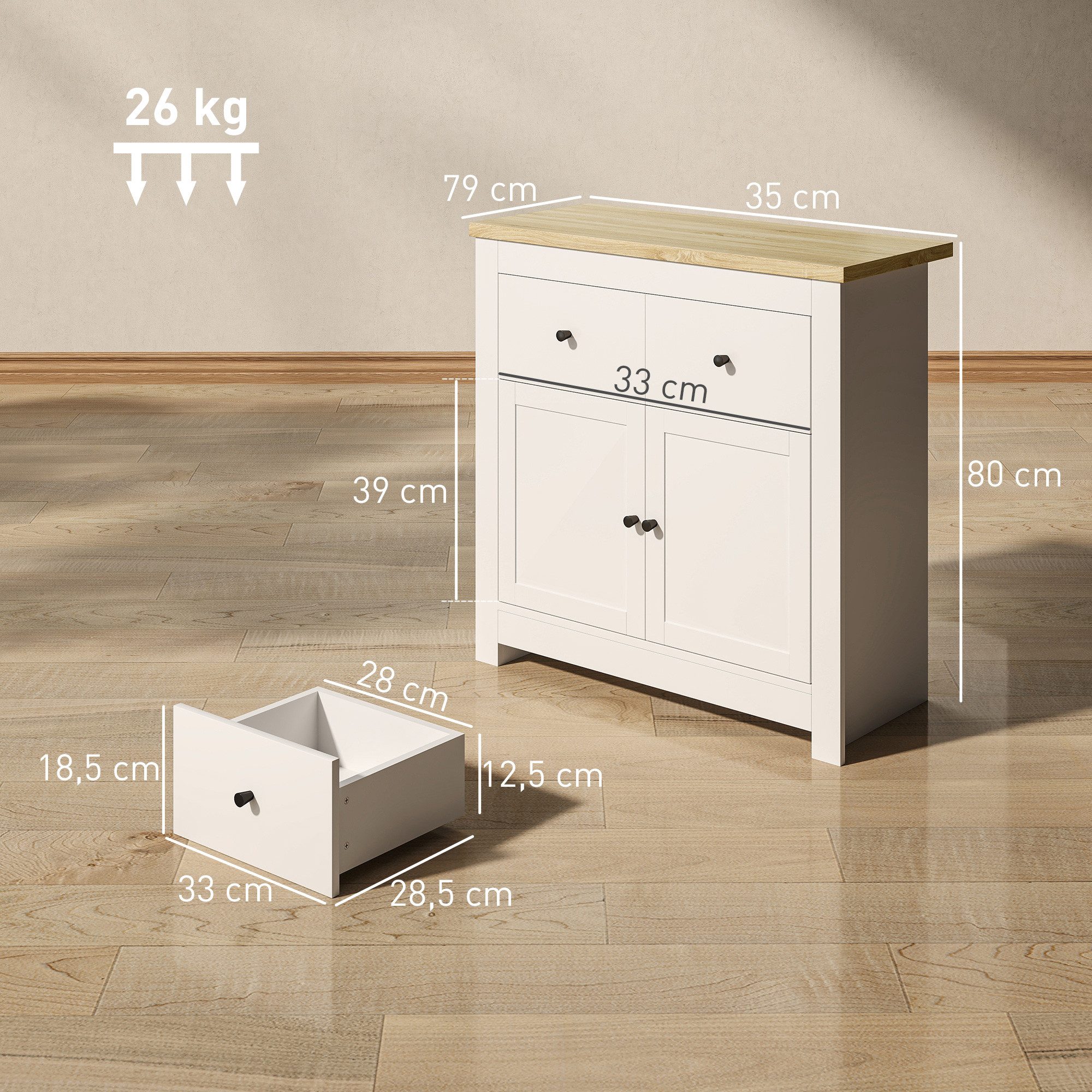 HOMCOM Sideboard Kommode mit Schublade, Soft-Close-Tür, Verstellbarer Einlegeboden (Moderner Aufbewahrungsschrank, 1 St., für Wohnzimmer, Schlafzimmer), 79 x 35 x 80 cm Weiß