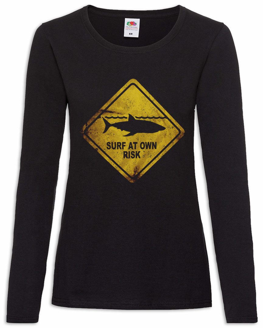 Urban Backwoods Langarmshirt Shark Warning Sign Damen Langarmshirt Weißer Hai Surfer Surfing Diver (1-tlg) Taucher Jaws Warnung Warnschild