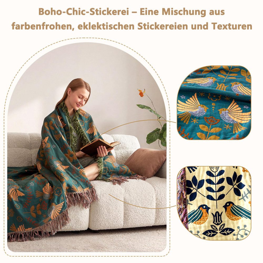 Diwzbyn Tagesdecke Boho Tagesdecke, Weiche Sommerdecke mit Vogel- & Blumenstickerei, Leichte Ganzjahresdecke für Bett, Sofa, Couch & Stuhl, Atmungsaktiv