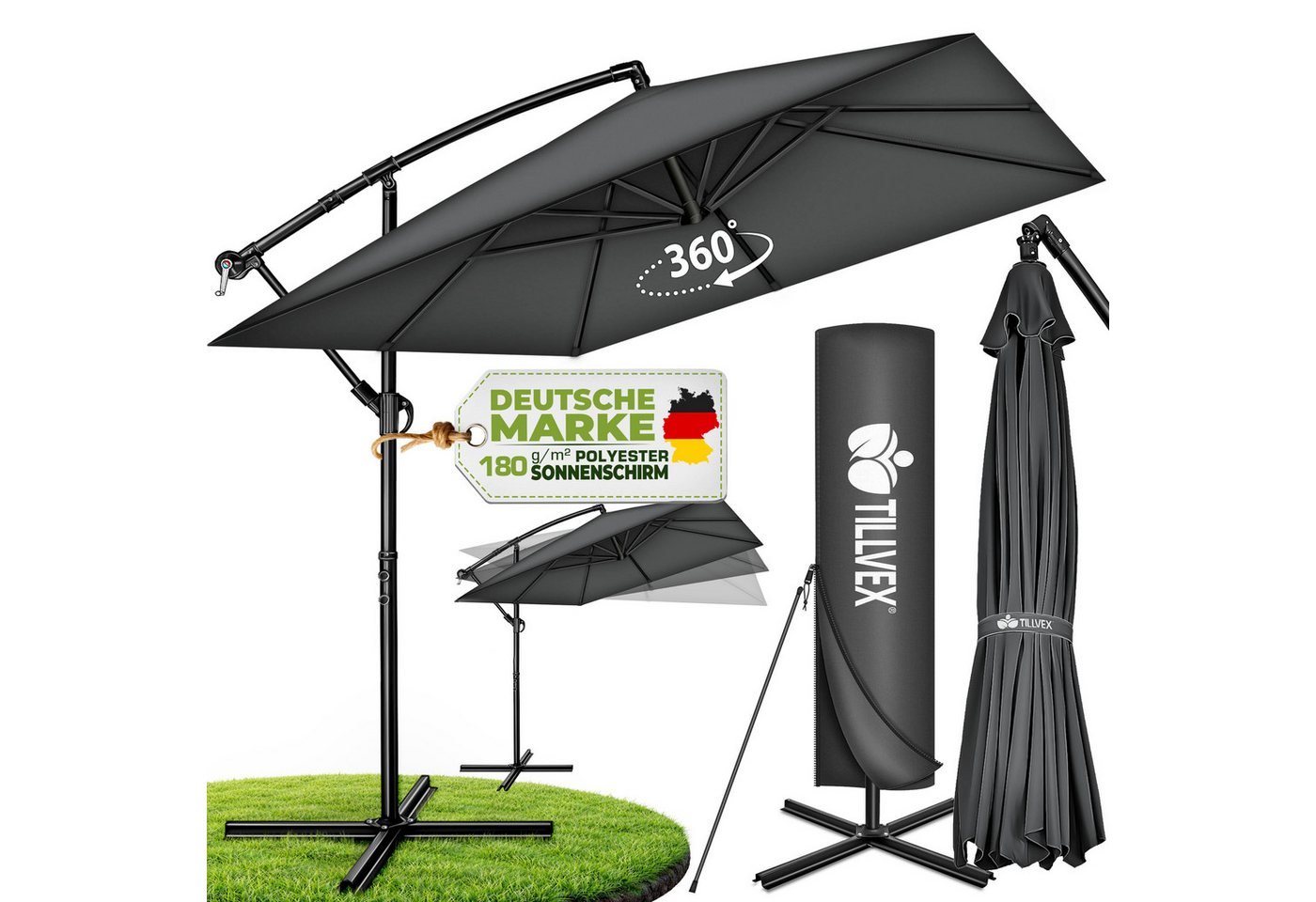 tillvex Sonnenschirm tillvex® Sonnenschirm eckig 235 x 235 cm Ampelschirm Gartenschirm, Kurbelschirm Marktschirm wasserdicht 360° drehbar, mit Kurbel & Windschutz Gartenschirm Aluminium, Alu Ampelschirm Ø 330 cm Rechteckig + Abdeckung