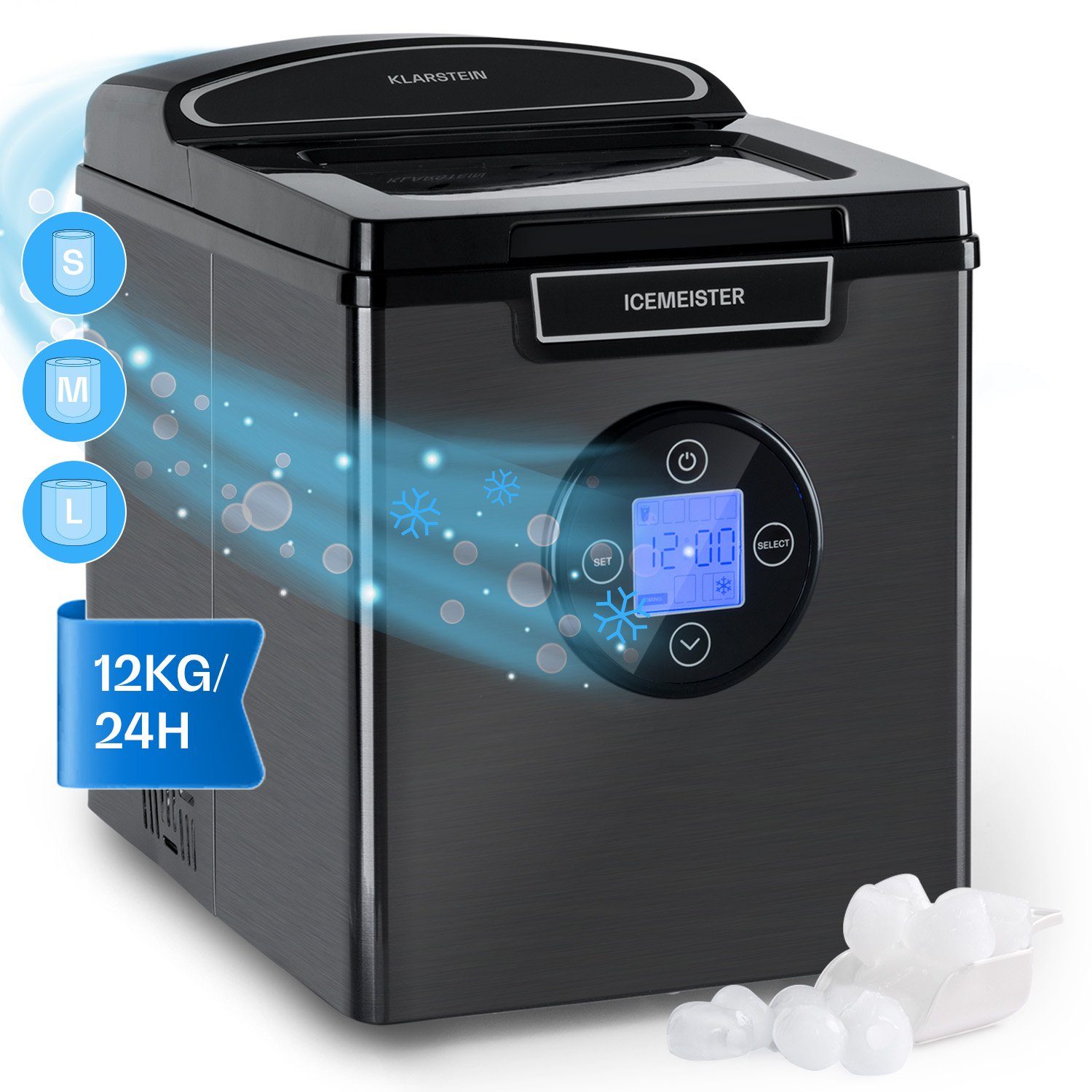 Klarstein Eiswürfelmaschine Icemeister 2G Eiswürfelmaschine 12 kg/24h LCD Edelstahl 3 Größen, Eiswürfelbereiter Ice Cube Maker Ice Maker mit Wassertank & Auto-Stop