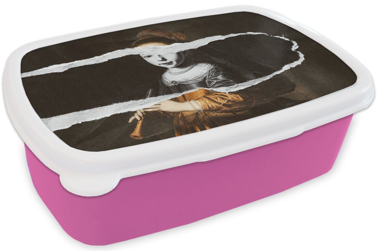 MuchoWow Lunchbox (2-tlg), Kunststoff - Brotbox Brotdose - Weiß, Kunststoff, Snackbox, Kinder, Erwachsene, Schwarz Mädchen, Elizabeth-Spiegel für rosa